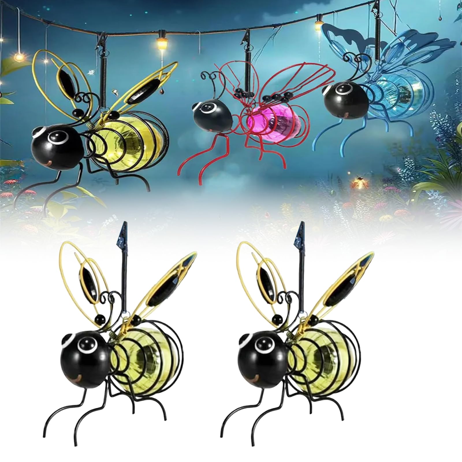 Generic Outdoor Hanging Solar Bee Light, Waterproof, Yellow 2pcs, Metal