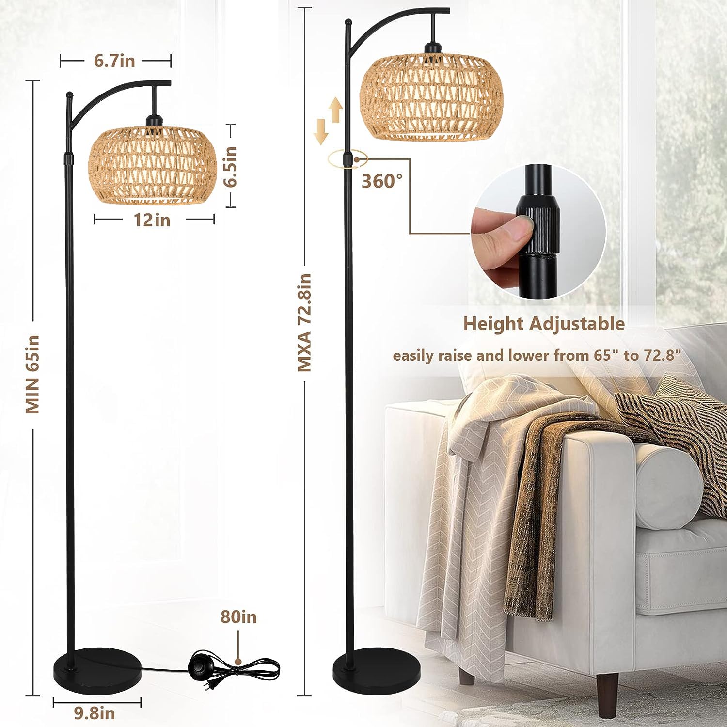 ZECOXOL Arc Floor Lamp - Boho Rattan Design, Dimmable LED, 12" Tall, Black with Remote Control for Living Room and Bedroom