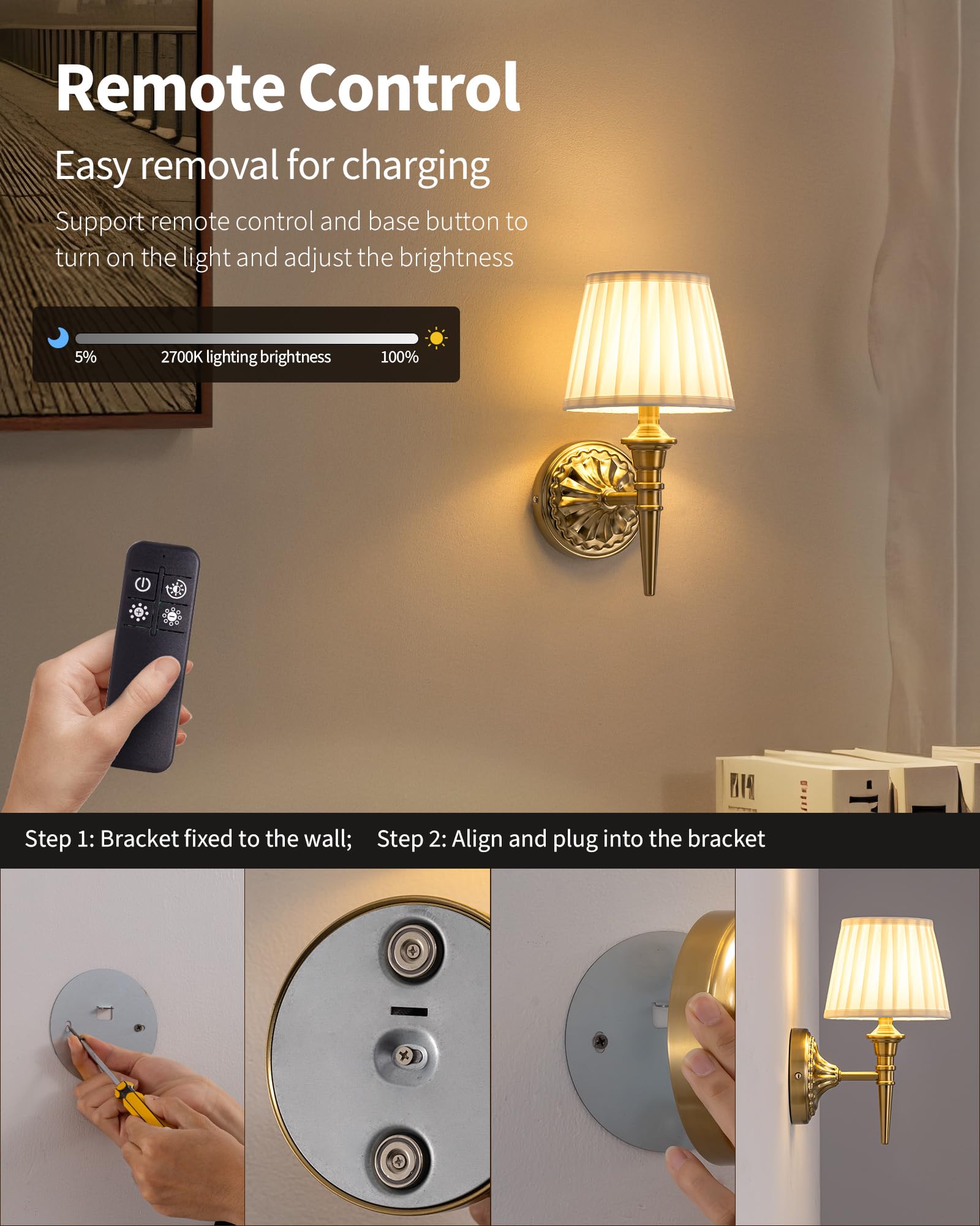 KDG Cordless Wall Sconces Set of 2, Rechargeable LED Lamps, Fabric, Gold + Beige, Model AMZ-TBL-035