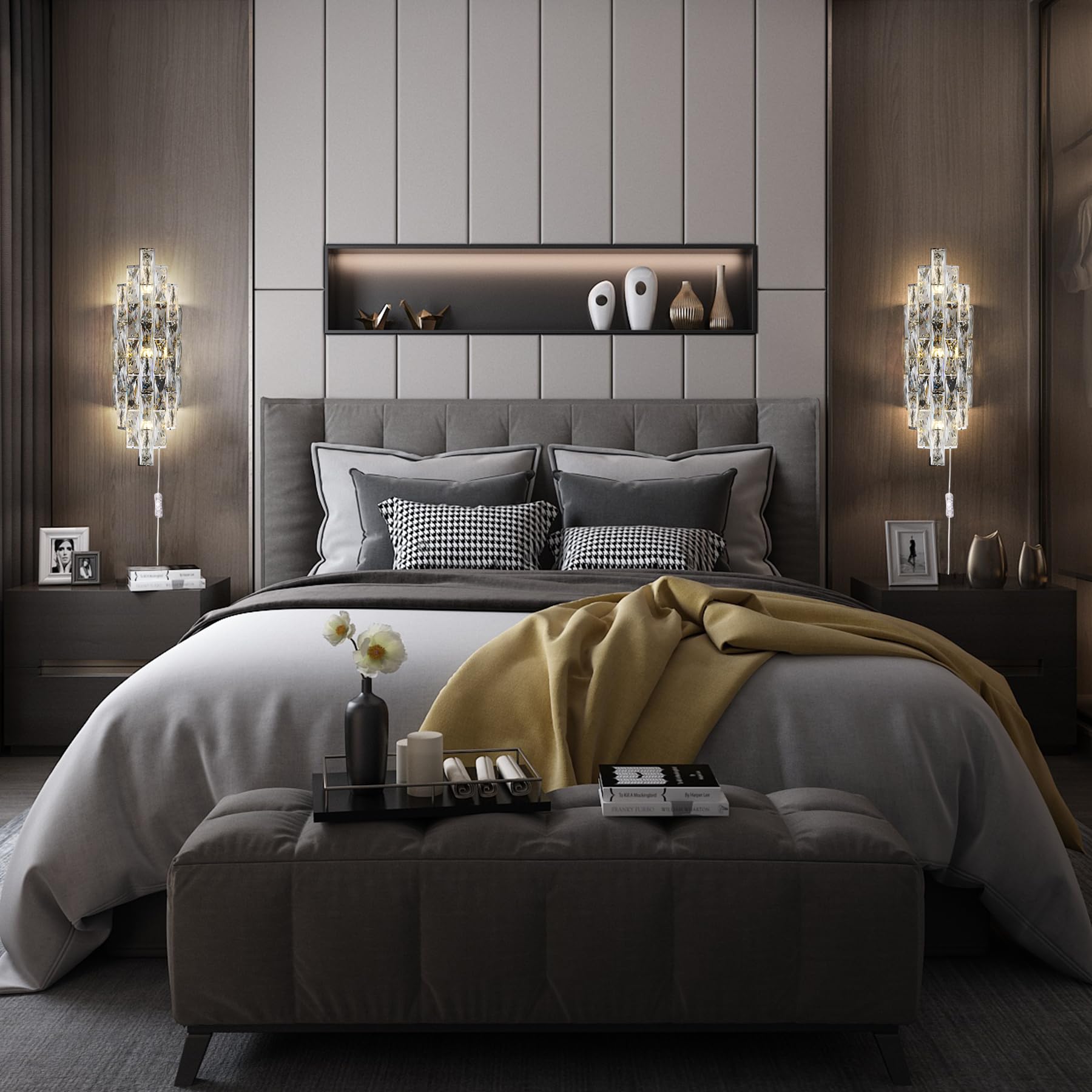 Kaiyuan Modern Crystal Wall Sconce - Chrome Plug-in Light Fixture for Bedroom, Living Room, Bathroom - BX-A10 Model