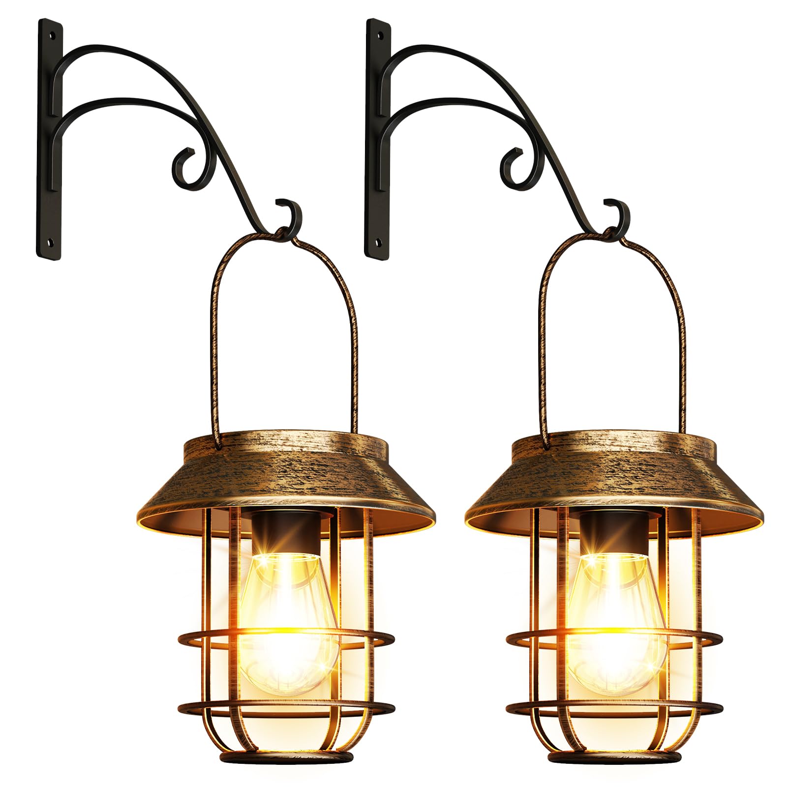AOUNQ Solar Lanterns Outdoor Waterproof 2 Pack, Upgraded Brighter Hanging Solar Lights for Outside with Wall Hook - Retro Bronze