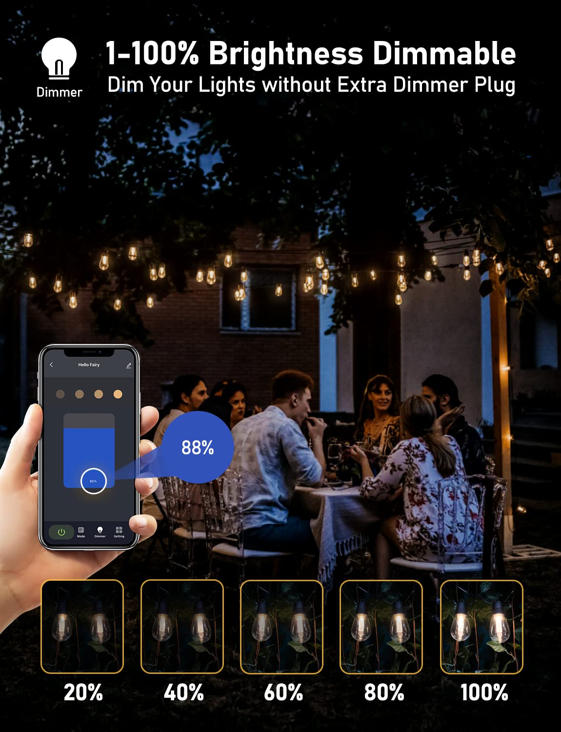 Aoycocr Led Outdoor String Lights, 48Ft Bluetooth Patio Lights, App Control, 3 Modes, Outdoor Lights With Dimmer Timer, 25 S14 E