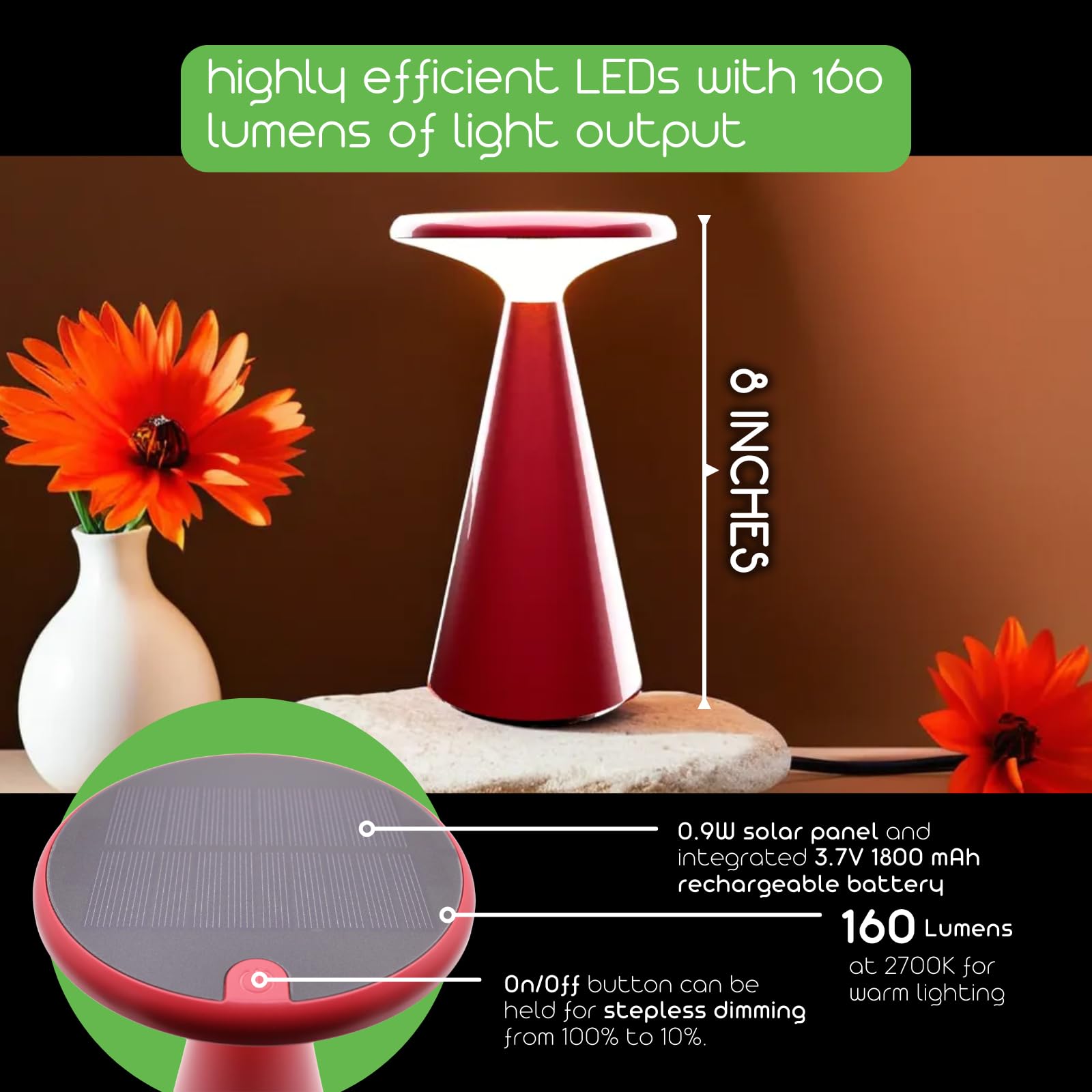 VerLuce Portable Solar LED Table Lamp - 1.6W, 160 Lumens, 2700K, Stepless Dimming, IP44 Weather Resistant, Red, Model VER-SL