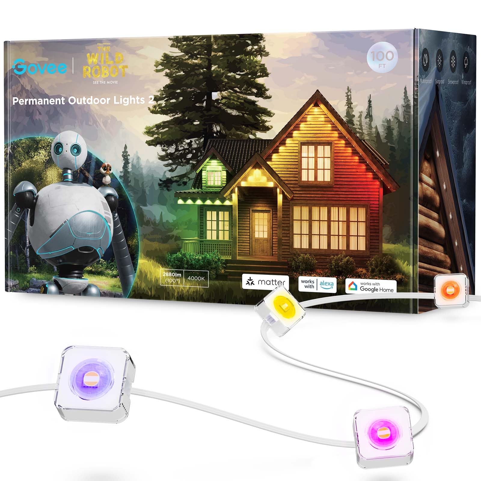 Govee 100ft RGBIC Outdoor Lights, IP67 Waterproof, 72 LEDs, Works with Alexa & Google Assistant, White, Model H705E