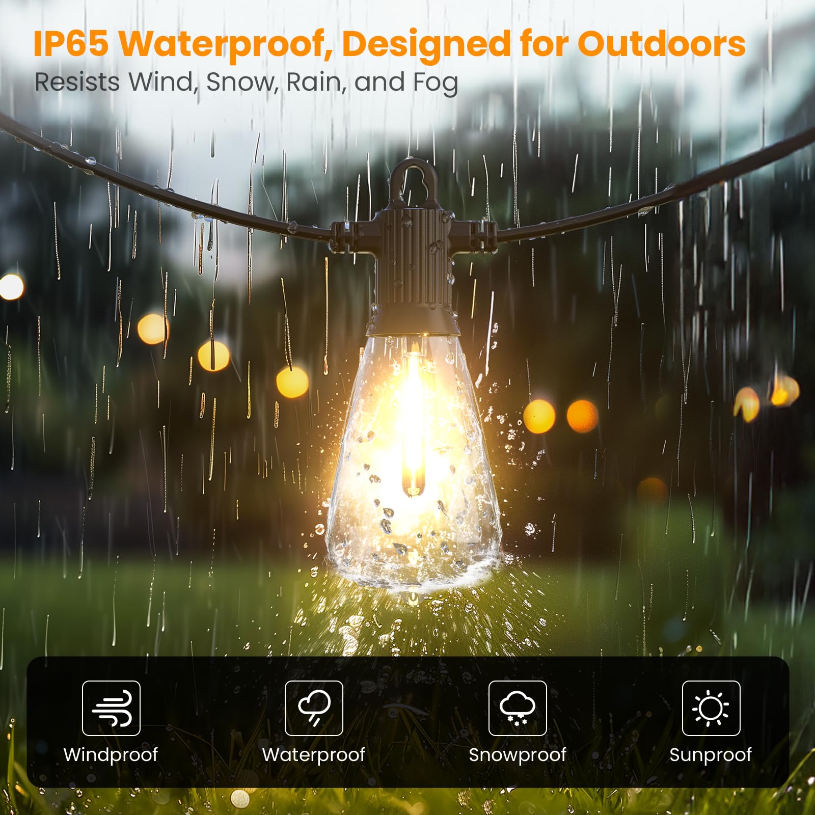 Kawaya Outdoor String Lights - 100FT Tunable White IP64 Waterproof Hanging Lights, Black, Model YAST38-100FT-50US