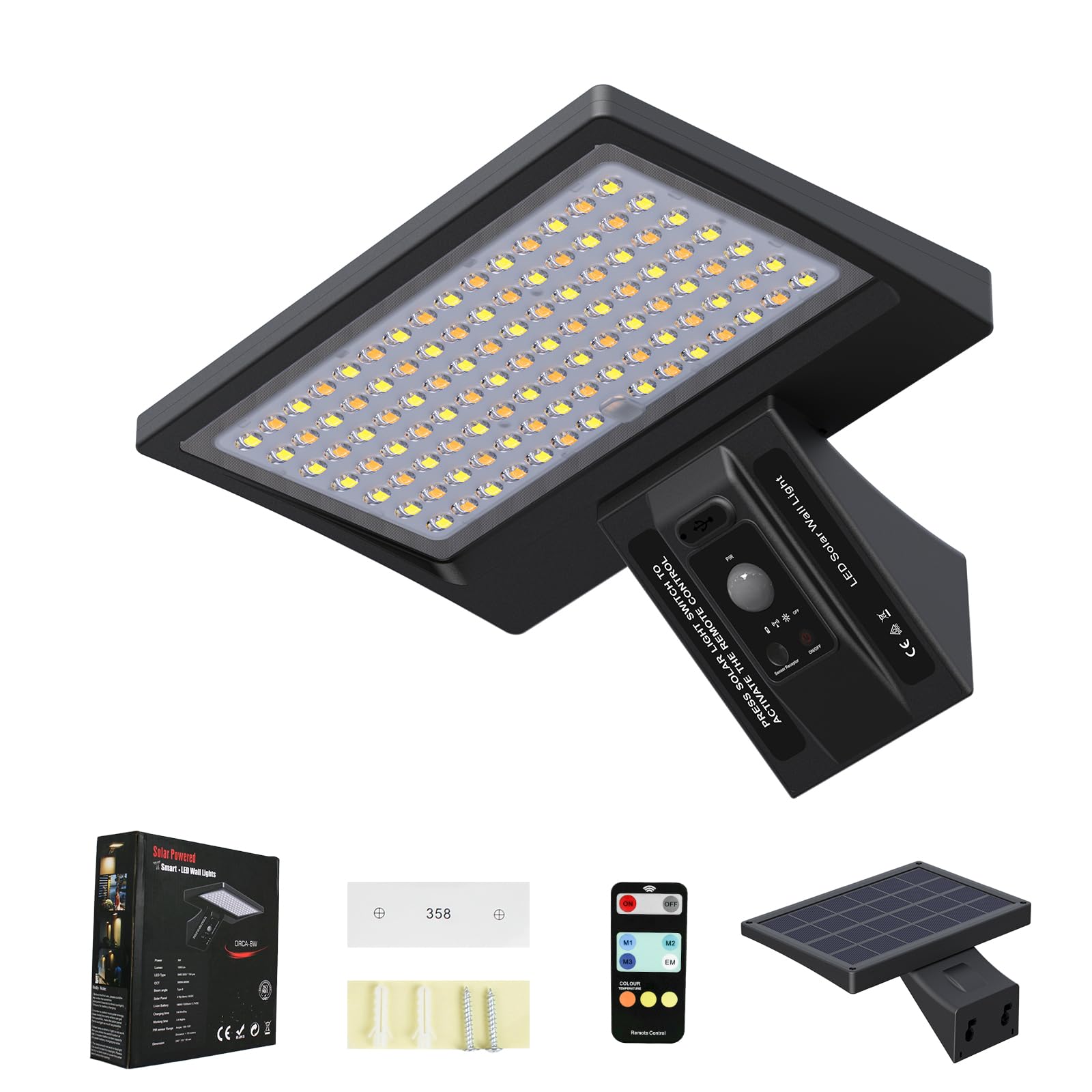 HREVORRYDA Solar Lights Outdoor Motion Sensor-4 Modes Wall Light with Remote,1050LM IP65 Waterproof, High Brightness Cordless So