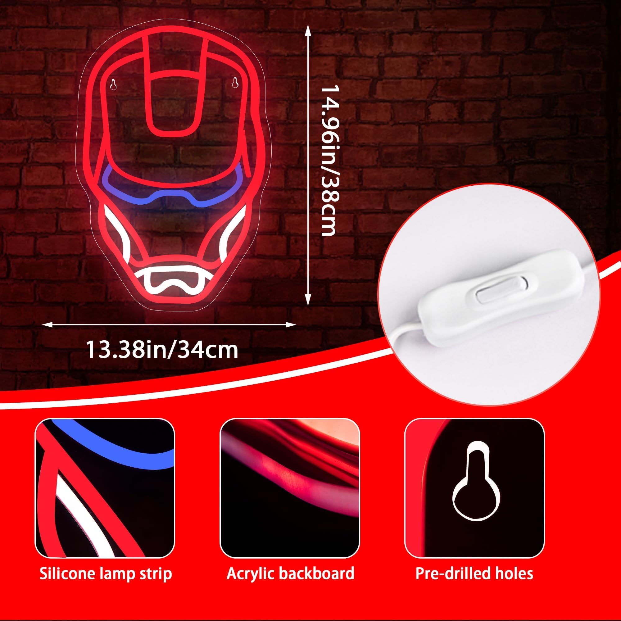 FTMGGDG Iron LED Neon Light Sign - Superhero Design, 16.5x11 inches, Acrylic, Red/Blue/White, Model FMXD100
