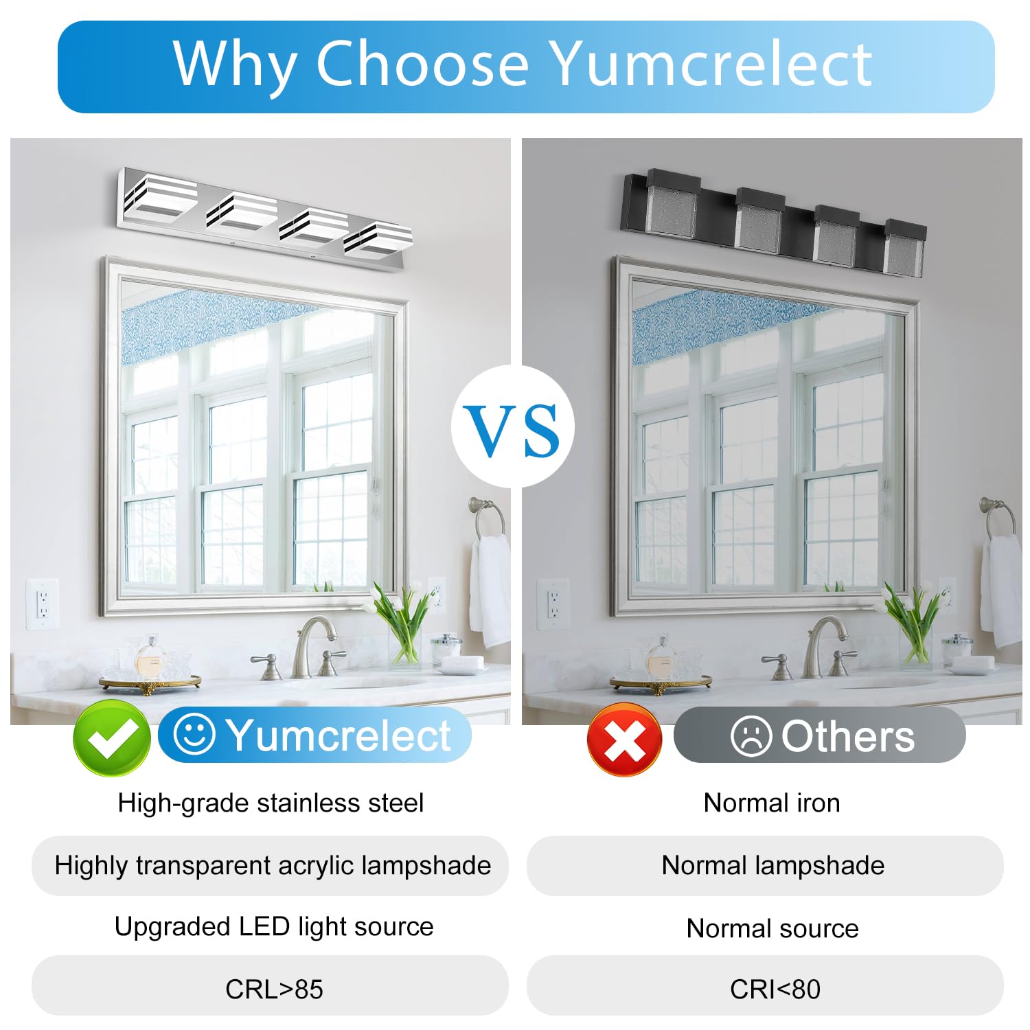 yumcrelect LED Vanity Lights 4-Light Bath Bar Lighting 27-Inch Chrome Acrylic Fixture Model 762102471002