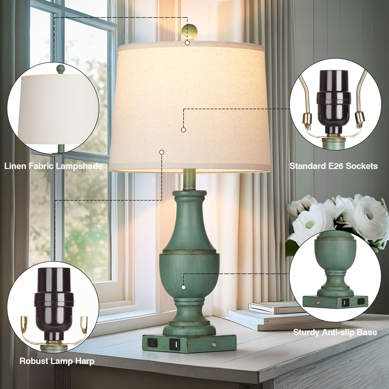 Farmhouse Table Lamps For Living Room, Rustic Touch Control Bedside Lamps With Usb A+C Charging Ports & Ac Outlet, Vintage 3-Way