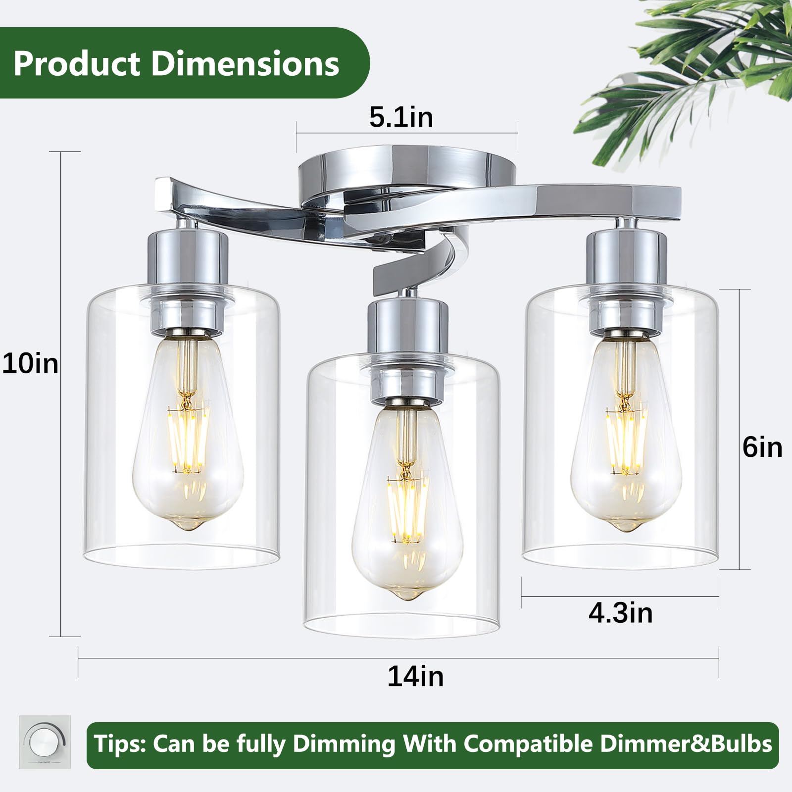 3Wwwuee 3-Light Semi Flush Mount Ceiling Light, Modern Close To Ceiling Light Fixtures With Clear Glass Shades, Chrome Light Fix