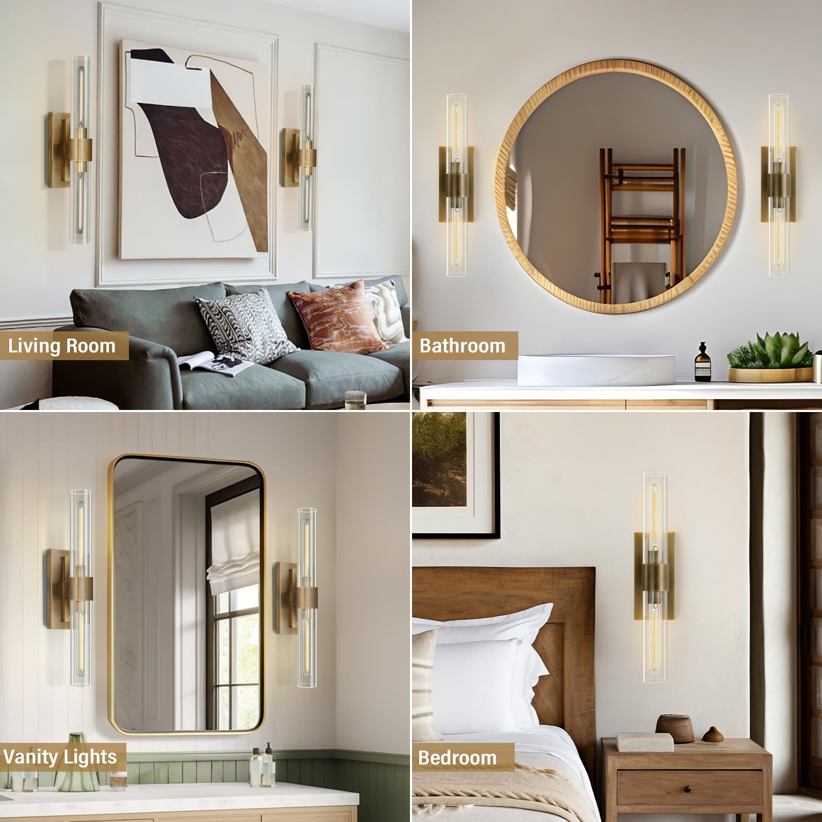 Yuexpand Gold Wall Sconces Set Of Two  Brass 22.8 Sconces Wall Lighting Bathroom Vanity Lights With Clear Glass Shade For Mirror  Living Room  Bedroom  Hallway  Fireplace  Staircase(Including Bulb)