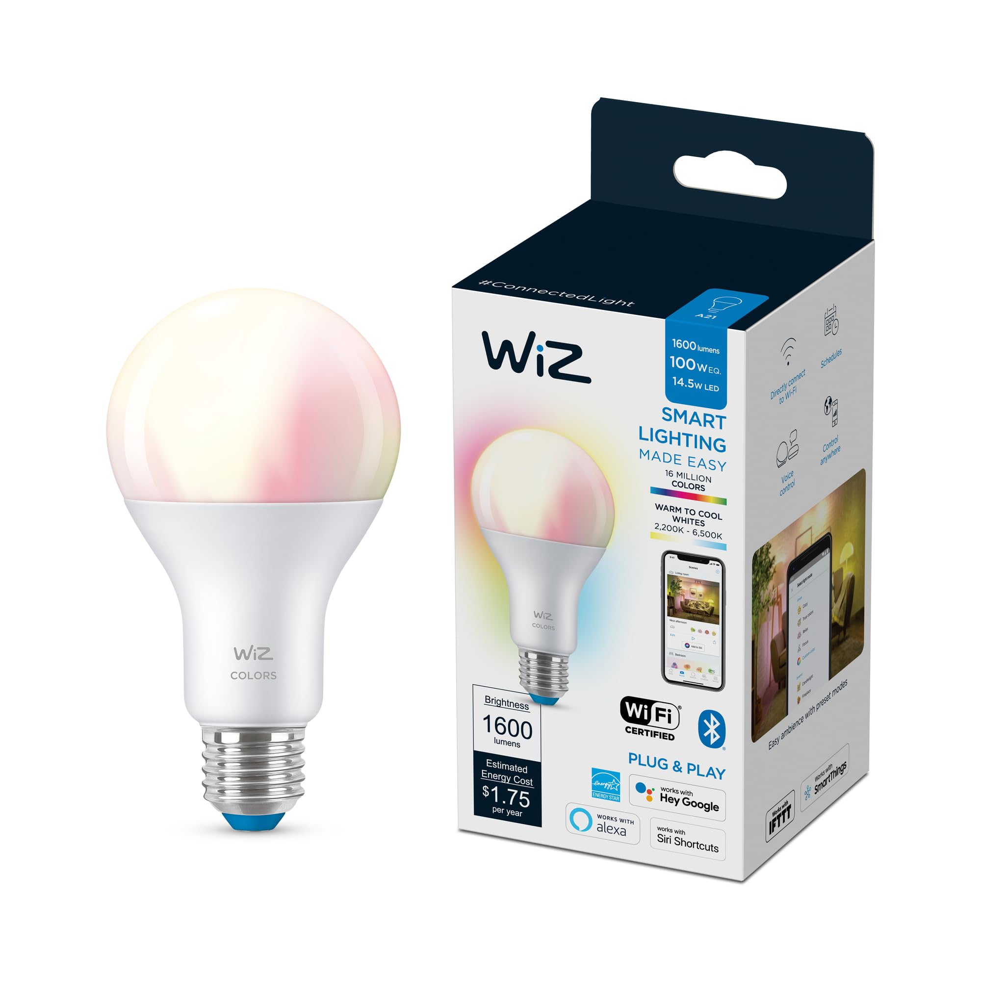Wiz 100W Eq. (14.5W) A21 Color Led Smart Bulb - Pack Of 1 - E26- Indoor - Connects To Your Existing Wi-Fi - Control With Voice O