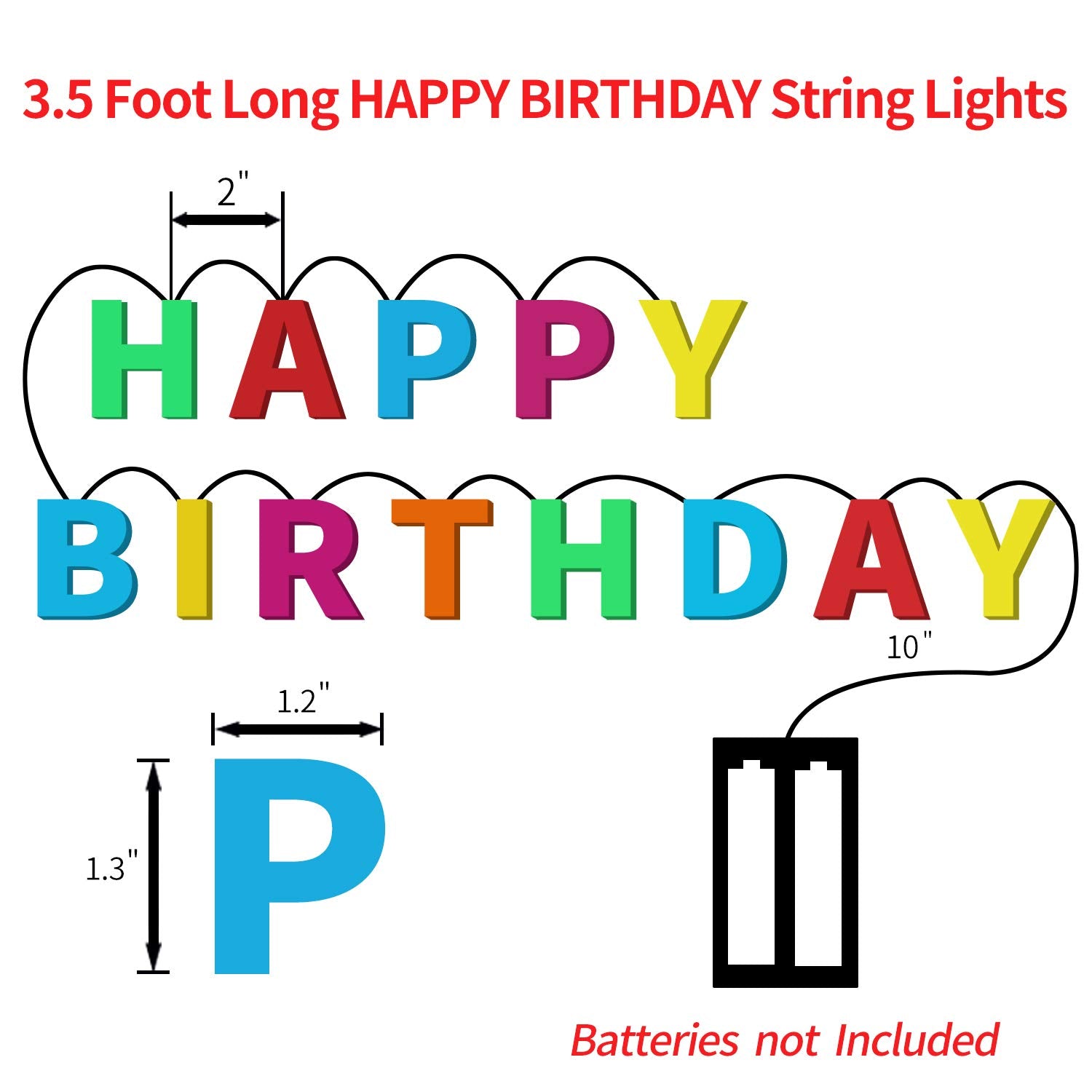 Novelty Place Happy Birthday LED String Lights, Multicolor, 1.2" Letters, 3' Long, Decorative Hanging Lights for Birthday Parties