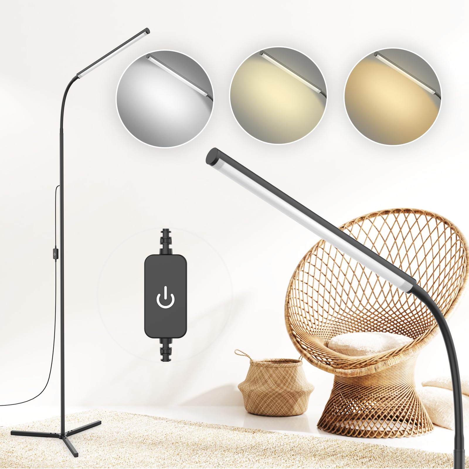 Wedeesun 15W Floor Lamp With Touch Control Adjustable Brightness 3500K-7000K 360 Gooseneck Led Floor Lamps Eye-Caring Floor Lamp
