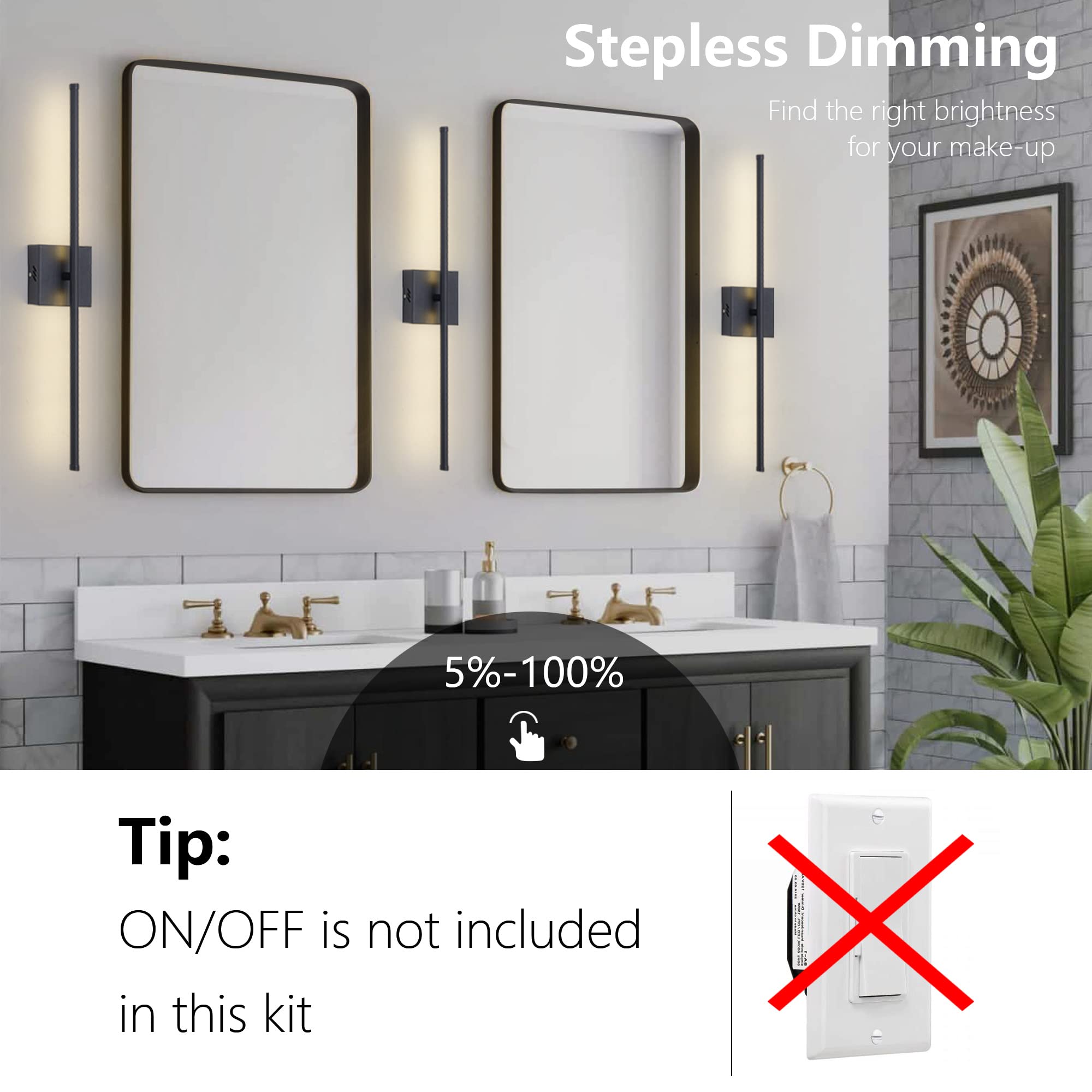 KARTOOSH Dimmable Wall Sconces Set of Two, 27.8" Matte Black LED Light Fixtures, Hardwired, 350° Rotate, 3000K Warm Light