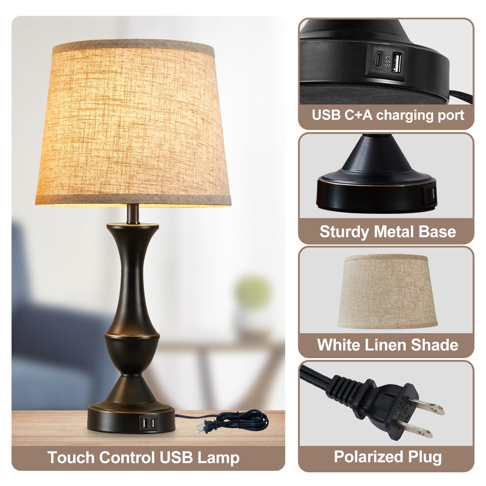 Luvkczc Touch Lamps Set of 2, 3 Way Dimmable, USB Charging Ports, Slub Linen, Black/Oatmeal, Model L-73008-07