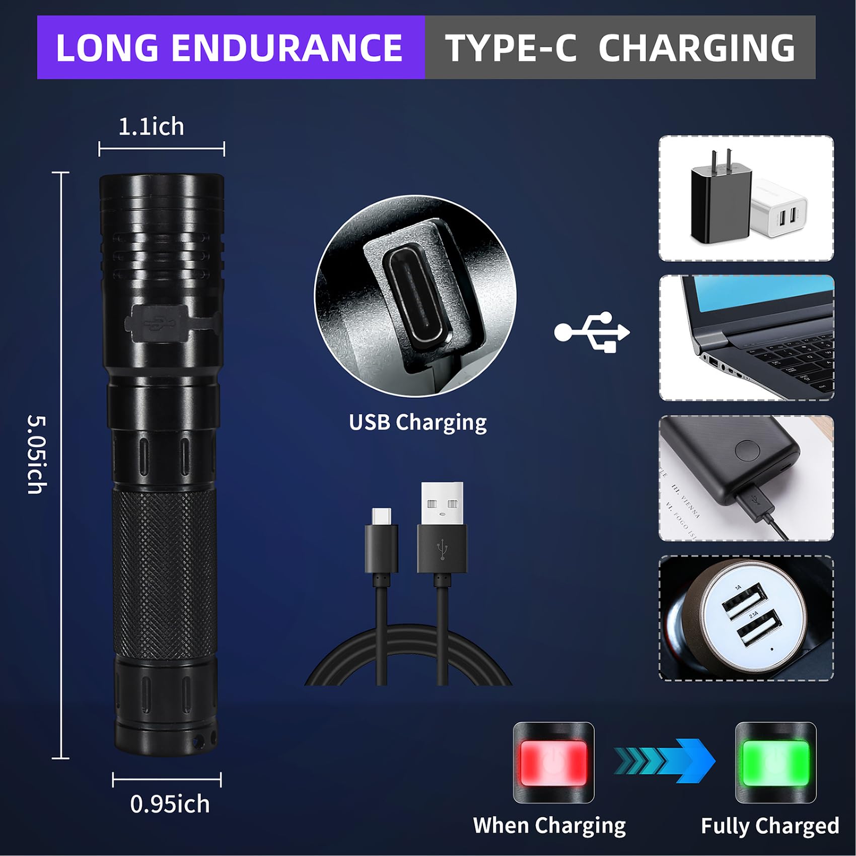 DARKBEAM UV Flashlight 20W 395nm Black Light Mini Rechargeable Detector for Pet Urine, Uranium Glass - Model UF2201-395nm-04
