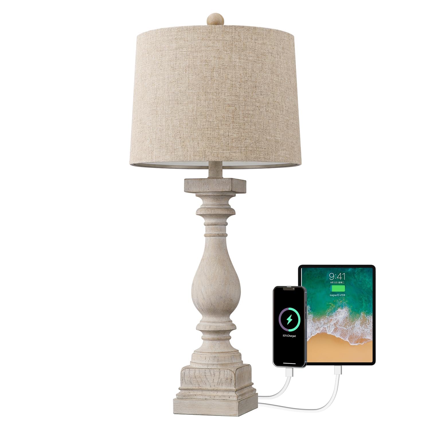 BOBOMOMO Retro Bedside Lamp with USB Charging Ports, 27in, Resin, Beige, Model AMZ-T279WW-U-1, 1 Pack