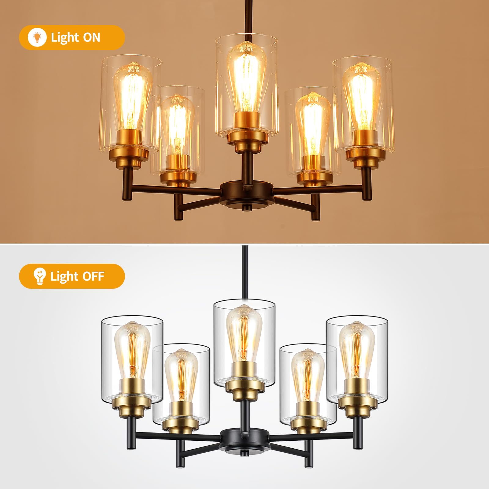 9Mmml 5 Lights Glass Chandelier,Modern Kitchen Island Lighting Black And Gold Metal Dining Room Light Fixture For Living Room Fo