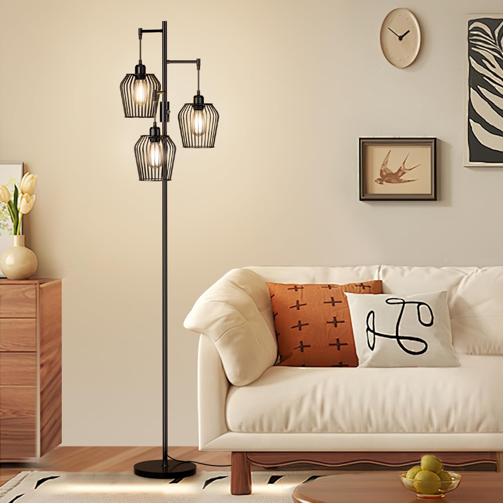 SIBRILLE Dimmable Floor Lamp, Farmhouse Industrial Floor Lamp with Elegant Cage & 3 x 1000LM LED Bulbs, Tall Standing Lamp Black