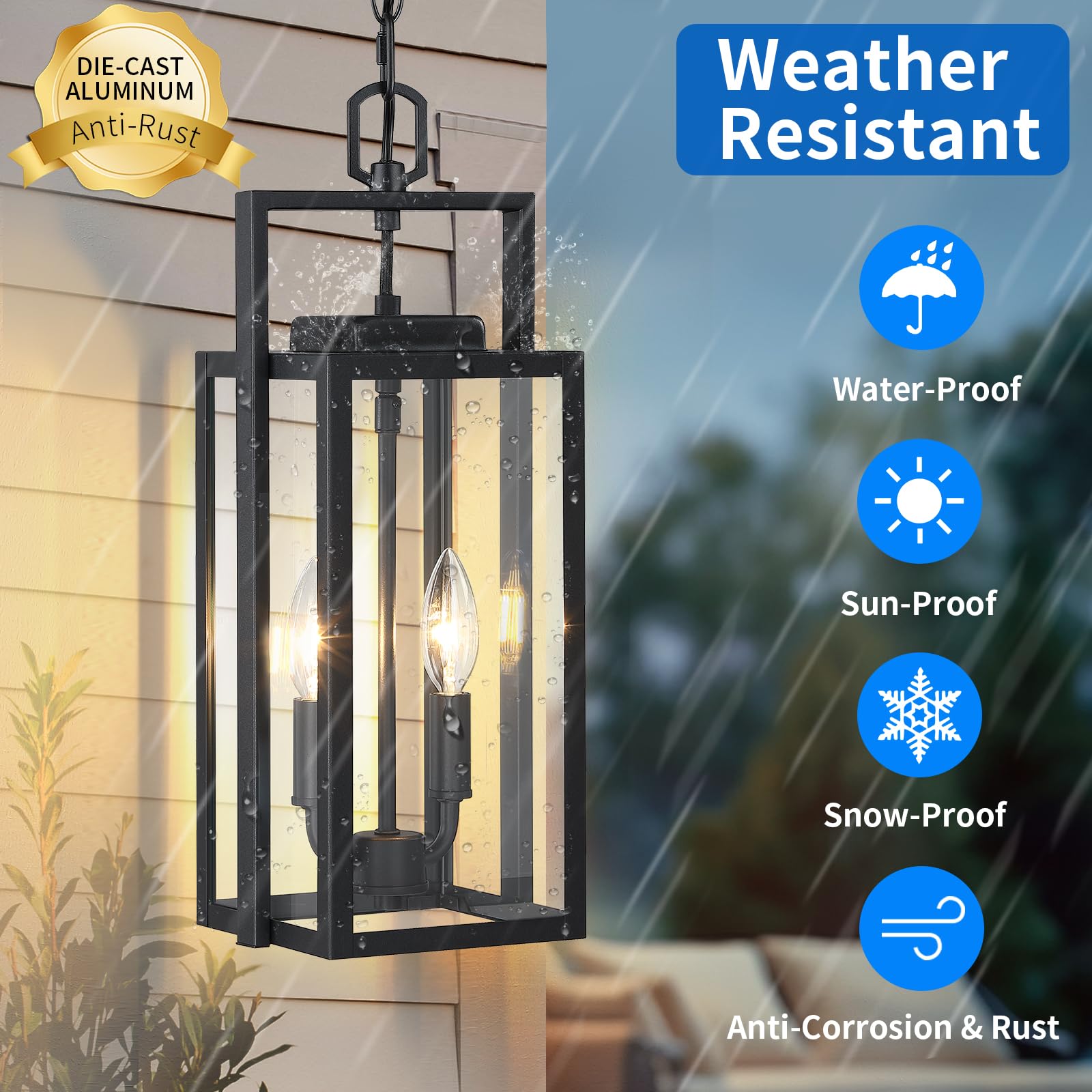 Large Outdoor Pendant Light 2-Light, 17.75'' Modern Black Metal Outside Chandelier Exterior Hanging Fixture Ceiling Mount With C