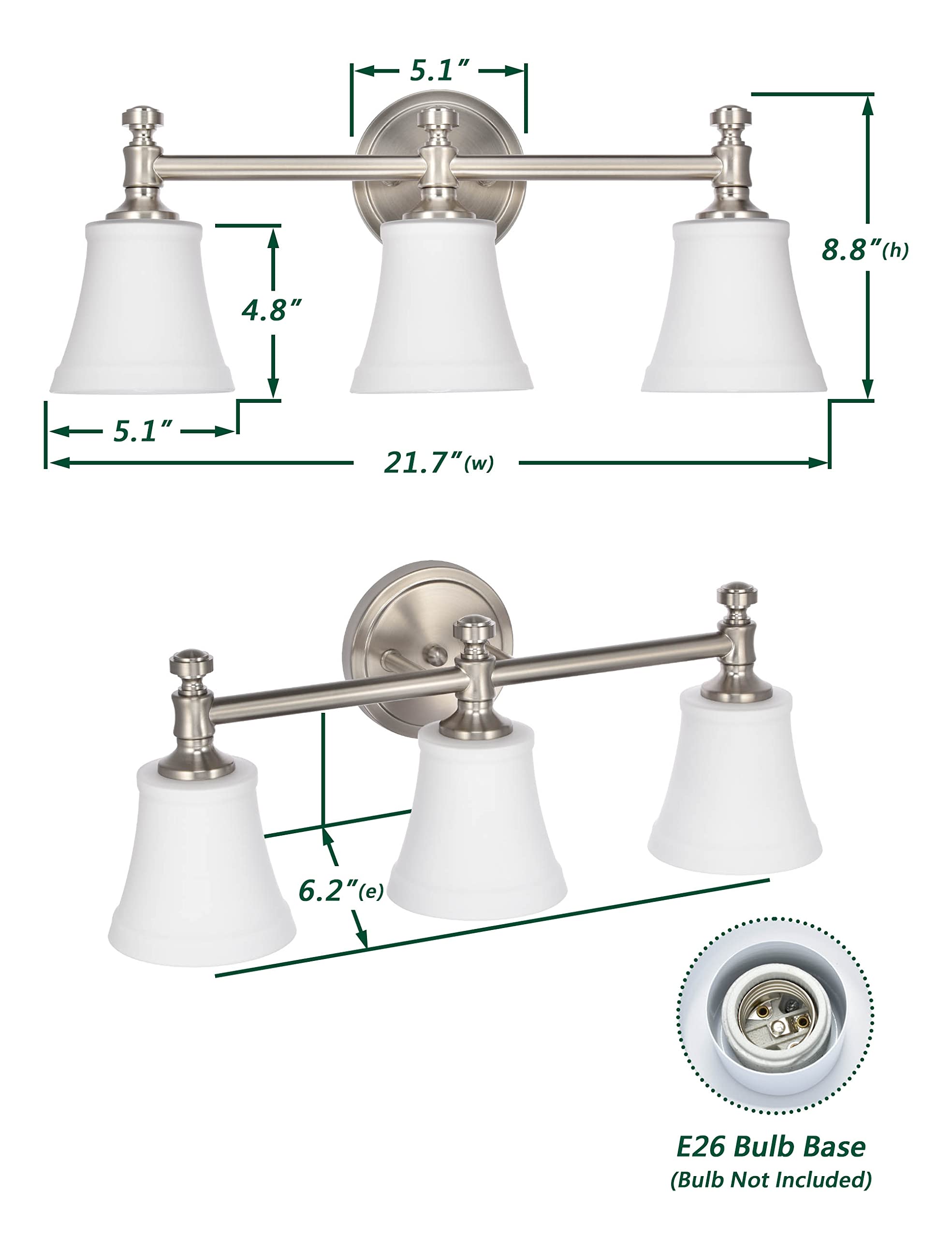 Hanaloa Bathroom Vanity Light Fixtures, Traditional Brushed Nickel 3 Lights Wall Sconce Lighting With Opal Glass Shade, Porch Wall Mount Light Fixture For Bathroom, Mirror Cabinets Hallway Stairs