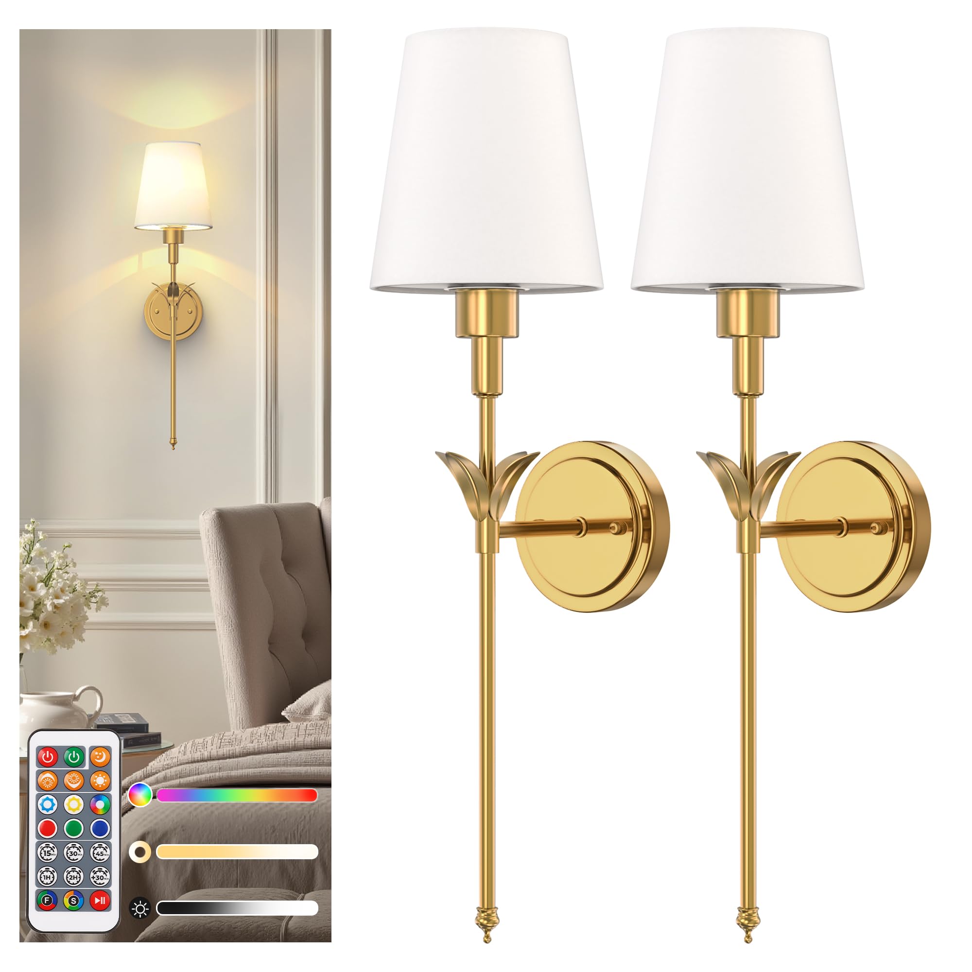 DORESshop Battery Operated Wall Sconce Set of 2, 24.6in Brass Metal Wireless Light for Bedroom, Living Room, Model 46d49f14-8aee-