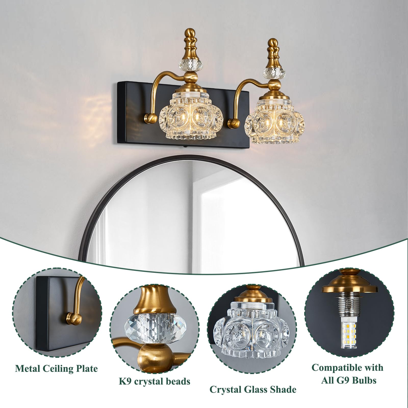 Lbsqj Modern Glass Crystal Vanity Light - Vintage Bathroom Lighting Fixtures Over Mirror  2 Light Vanity Lights G9 Bulb (11.81 Inch  Black Gold)