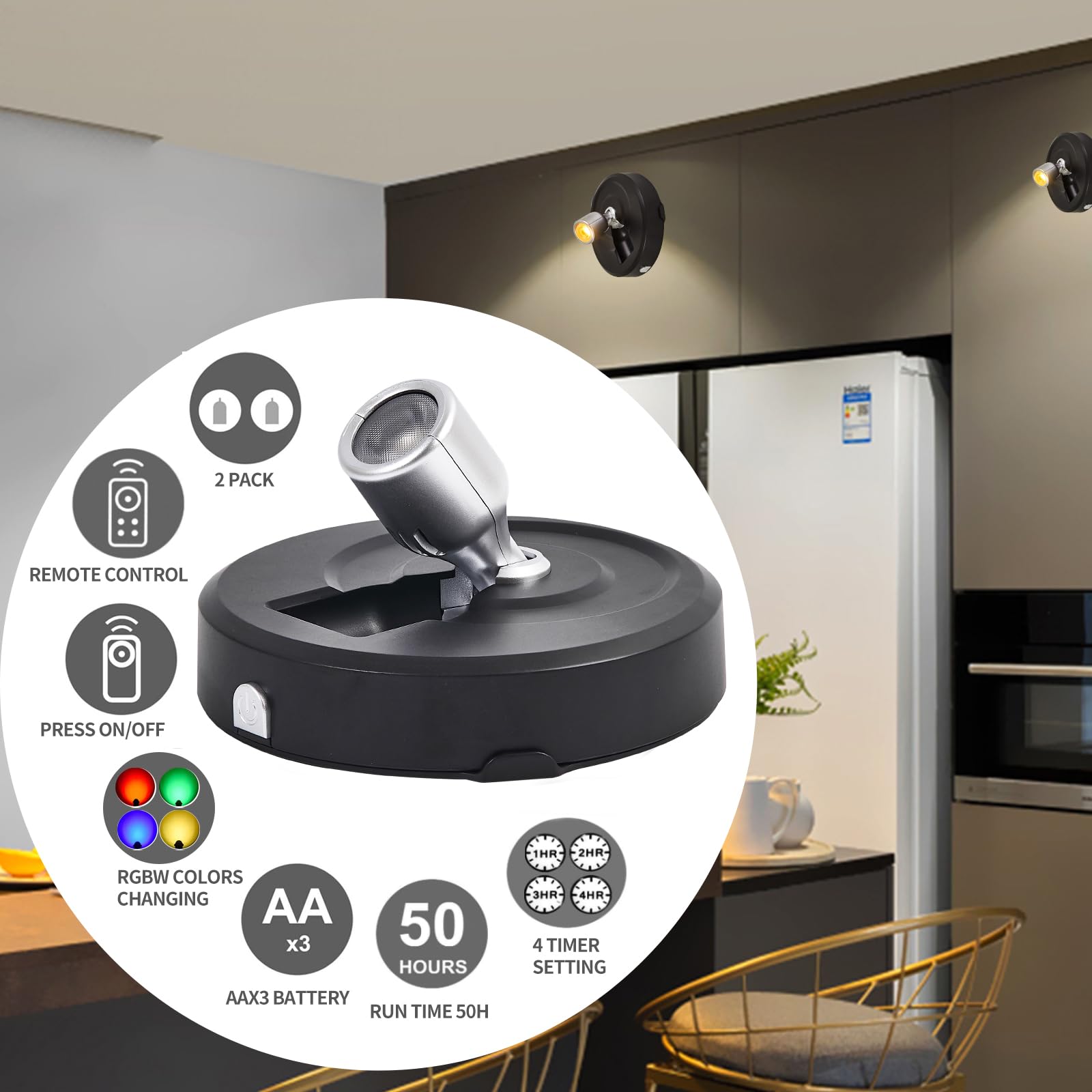 Hofuy Wireless Led Spotlight Battery Powered Picture Lights, Rgb Spot Lights Indoor, Dimmable Puck Lights With Remote, Stick On