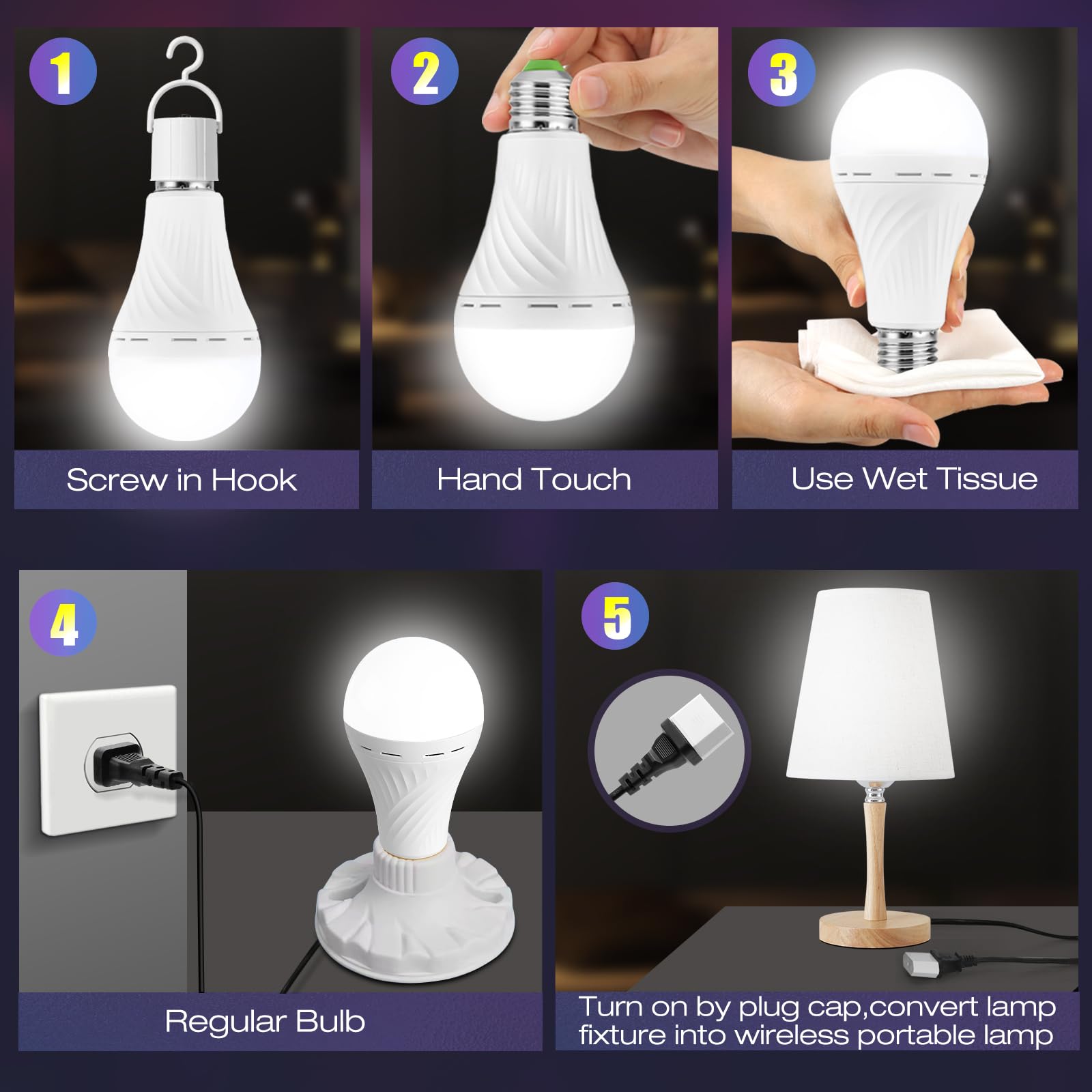 LHZHENG Emergency Rechargeable Light Bulb, 12W 60W Equivalent, White, E27, 4 Pack, Model TWHLQ-PR1