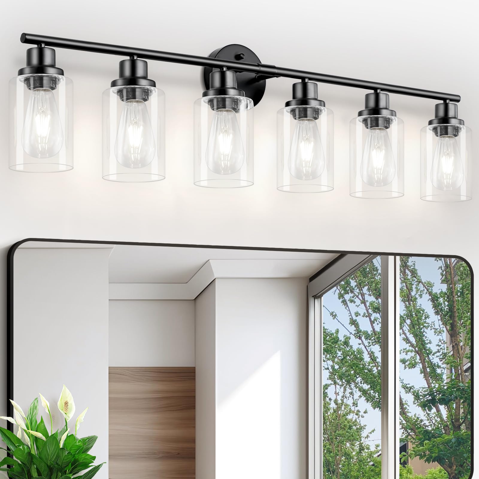 Guliaofo 6-Light Bathroom Vanity Light Fixture, Matte Black Metal Wall Lamp Over Mirror, Model Gu-111-QGH-6