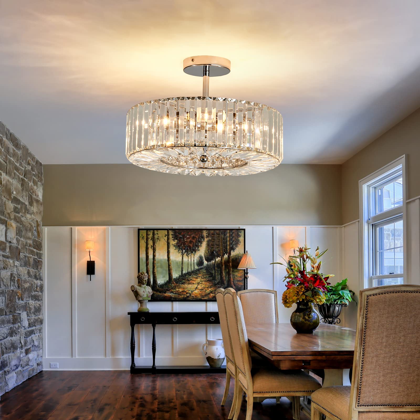 Piepooye Modern Crystal Chandelier - 4 Lights, Chrome Finish, Semi Flush Mount, Ideal for Dining Room, Living Room, Kitchen, Model R-2058
