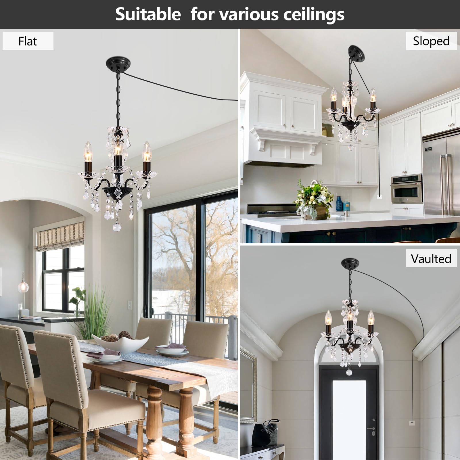 Chanlited Plug In Modern 3-Light Black Chandelier With Glass Crystals, Candle Style Pendant Light Fixtures For Living Room, Girl
