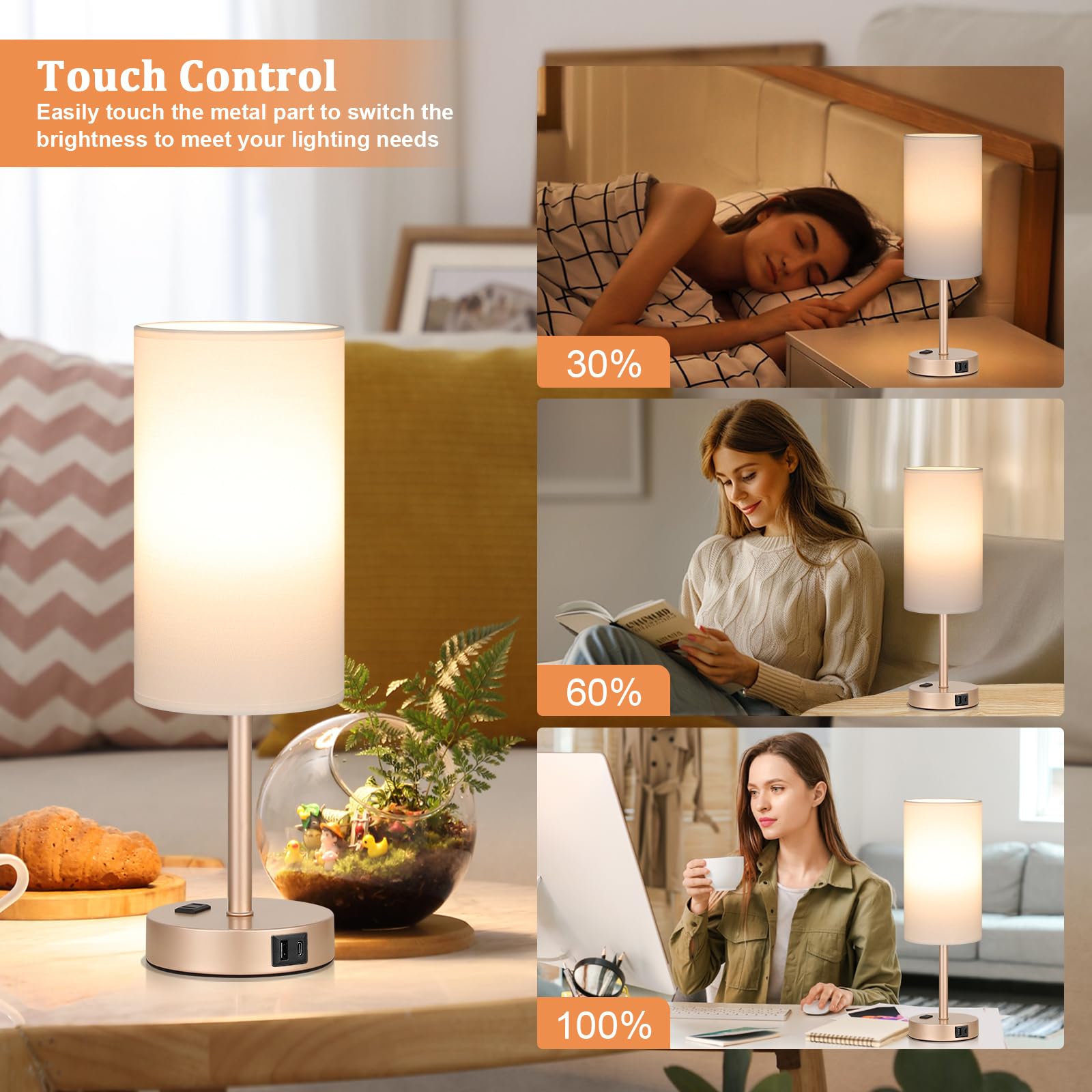 17Inches Tall Touch Bedside Table Lamps Set - 3 Way Dimmable Bedroom Lamp Set Of 2 With Usb C And A Ports, Lamps For Nightstand