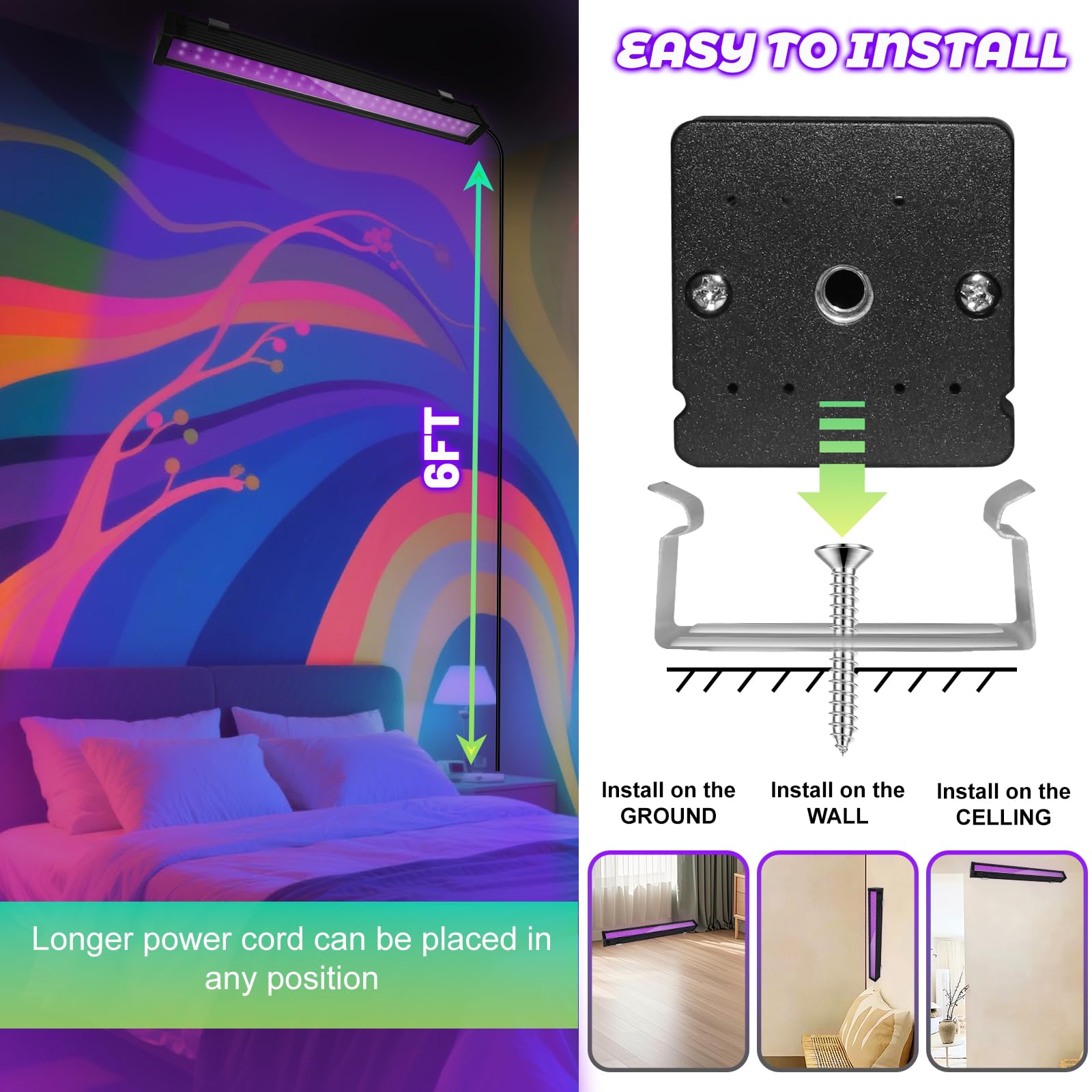 Ycponggon Upgraded 1 Pack 24W Led Black Light Bar  Black Lights Party Supplies For Halloween Glow Fluorescent Party Bedroom Game Room Body discomfort-reducingt Stage Lighting