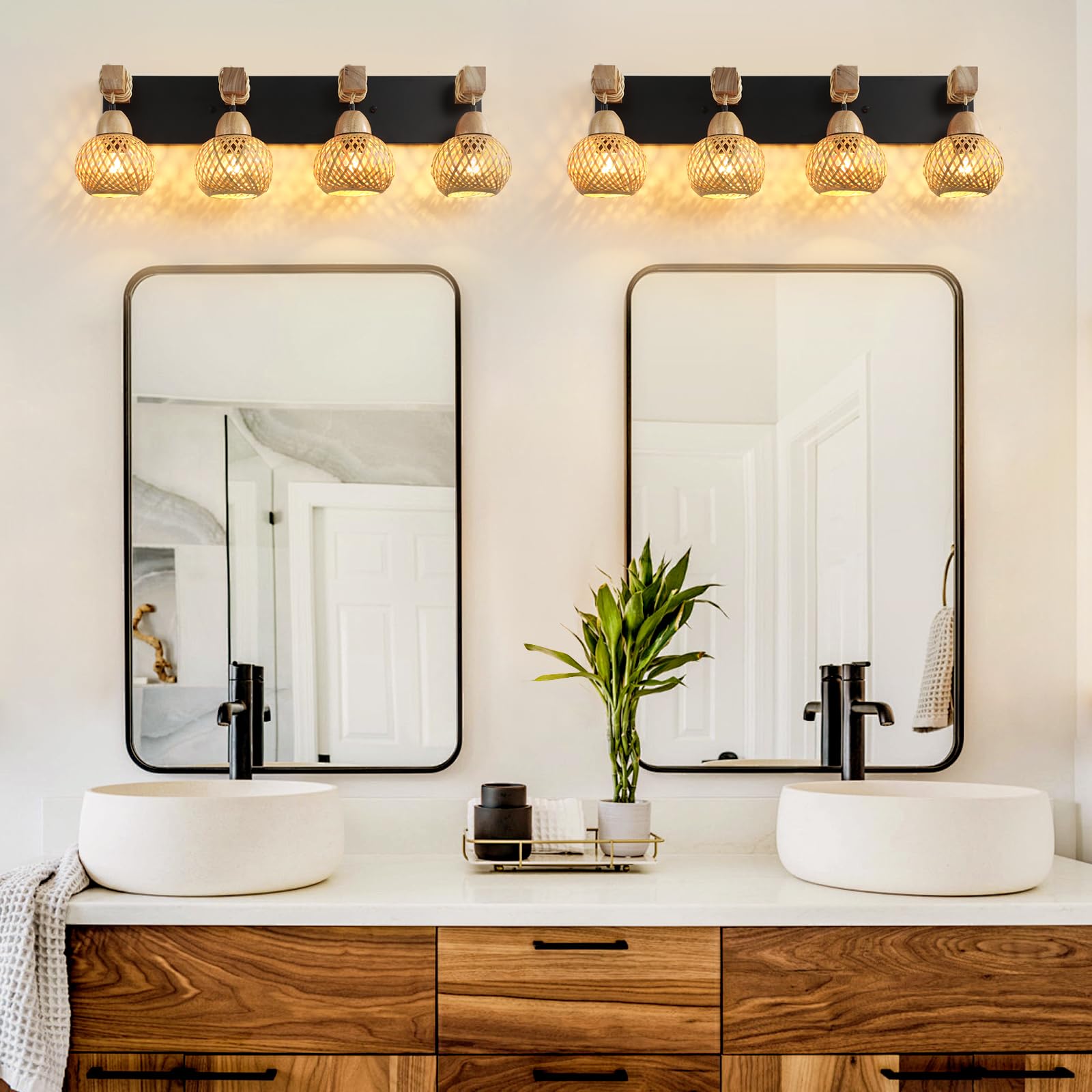 4-Light Bathroom Vanity Light Fixtures,Rustic Style Farmhouse Wood Bathroom Wall Sconce, Handmadebamboo Woven Boho Wicker Basket