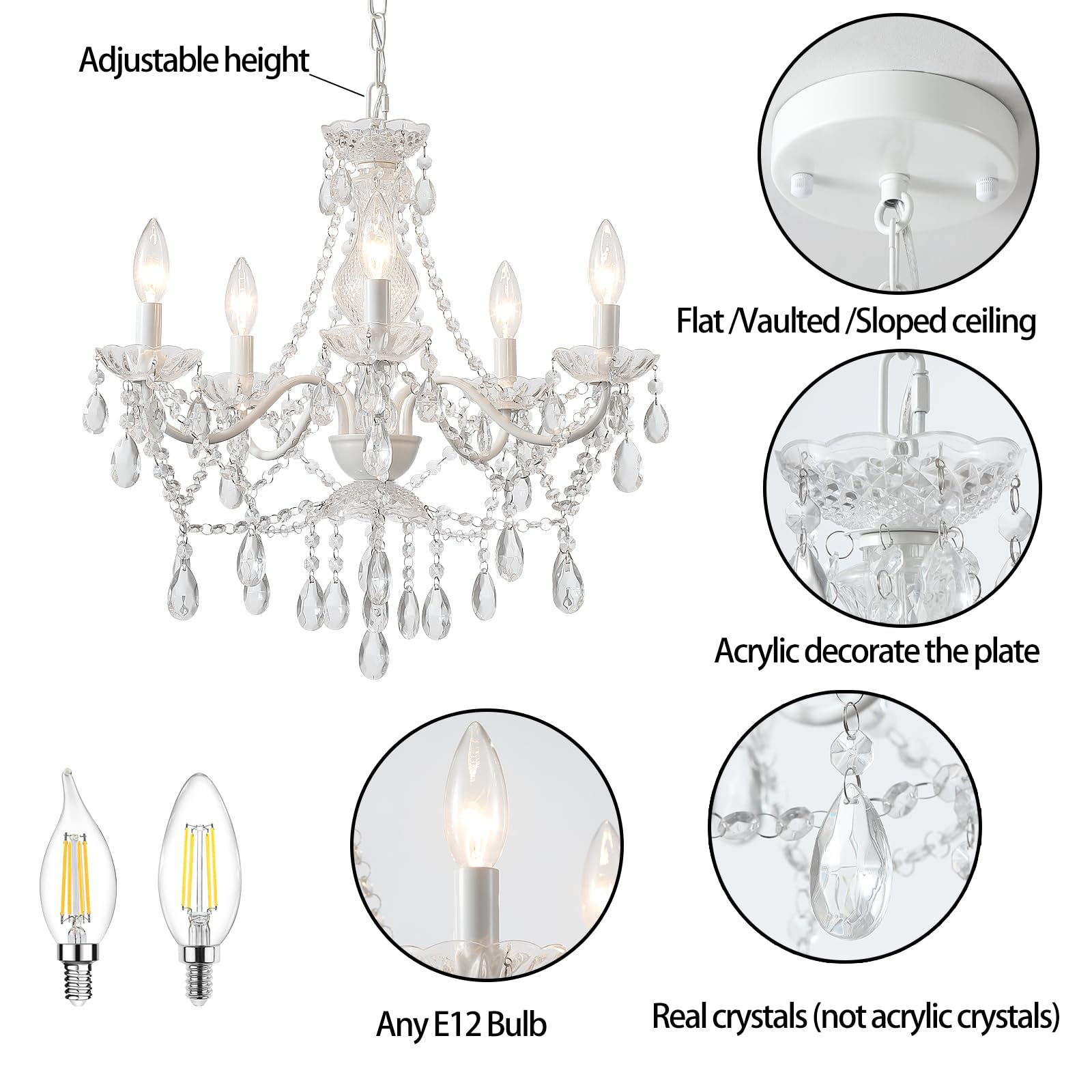 AMZASA Crystal White Chandelier, 5-Light Pendant Light, Ceramic & Crystal, L20.87"xW19.7"xH79.7", Not plug-in WH, Model AS902