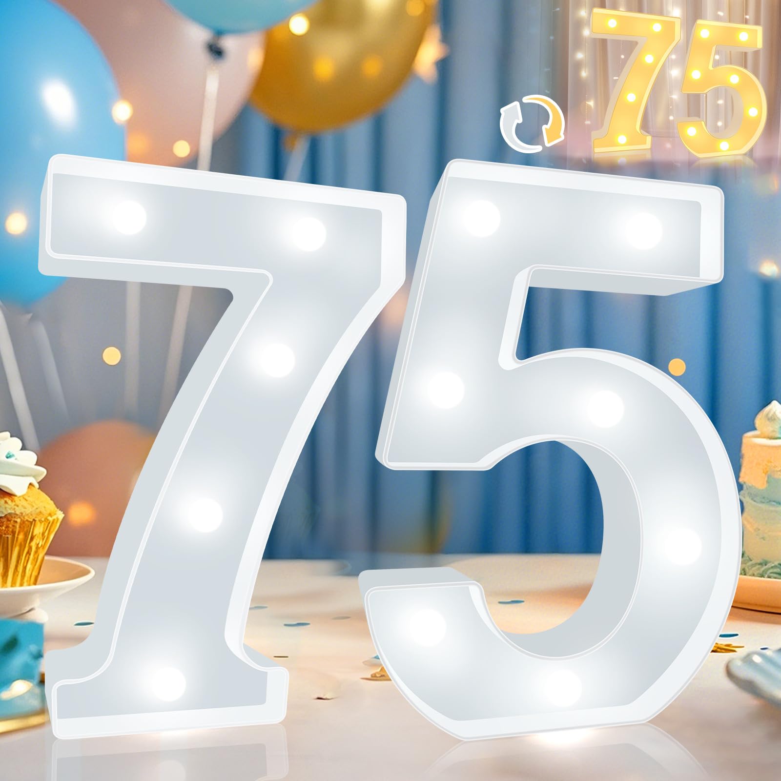 Pooqla LED Number 75 Birthday Decoration, Plastic Marquee Sign, Cool & Warm White, 75th Anniversary Party Backdrop