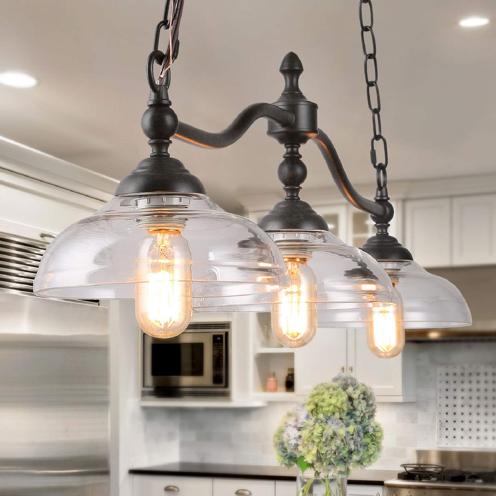 LOG BARN Farmhouse Chandelier, Rustic Black Metal with Clear Glass Shades, Adjustable for Dining Room, Kitchen Island