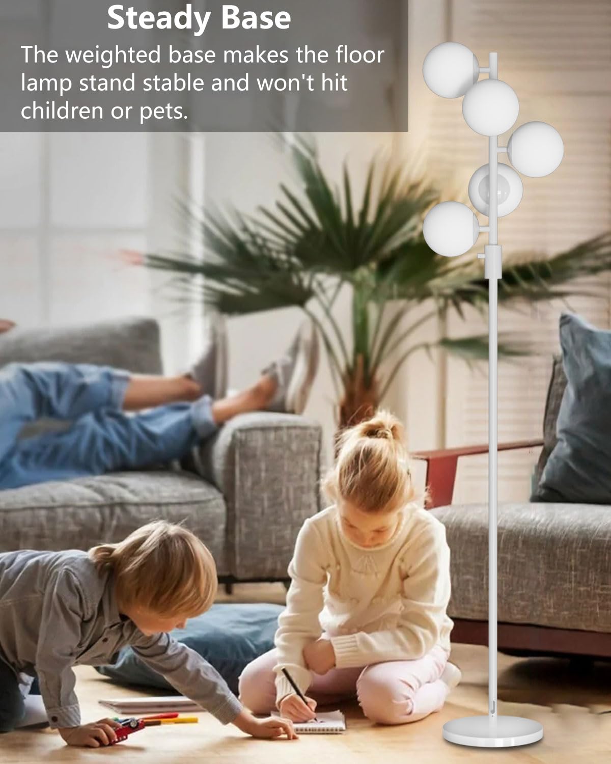 Acohook 64In Dimmable White Floor Lamp, Tall Standing Lamps With 5 Globe Soft Warm White Eye Care 3000K G9 Bulbs, Mid Century Mo