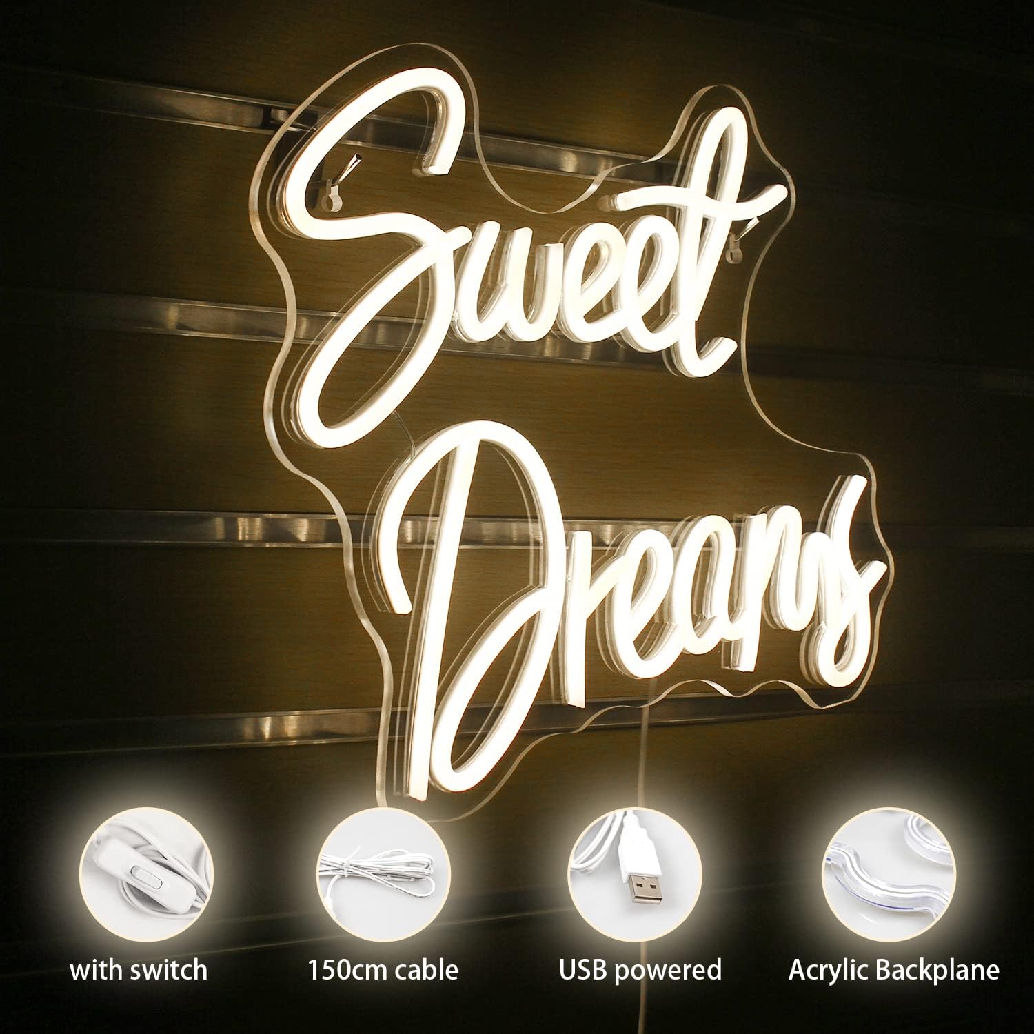 ineonlife Neon Sign Warm White LED Light Up Wall Decor 15x12.6 inches Sweet Dreams for Bedroom and Party Decoration