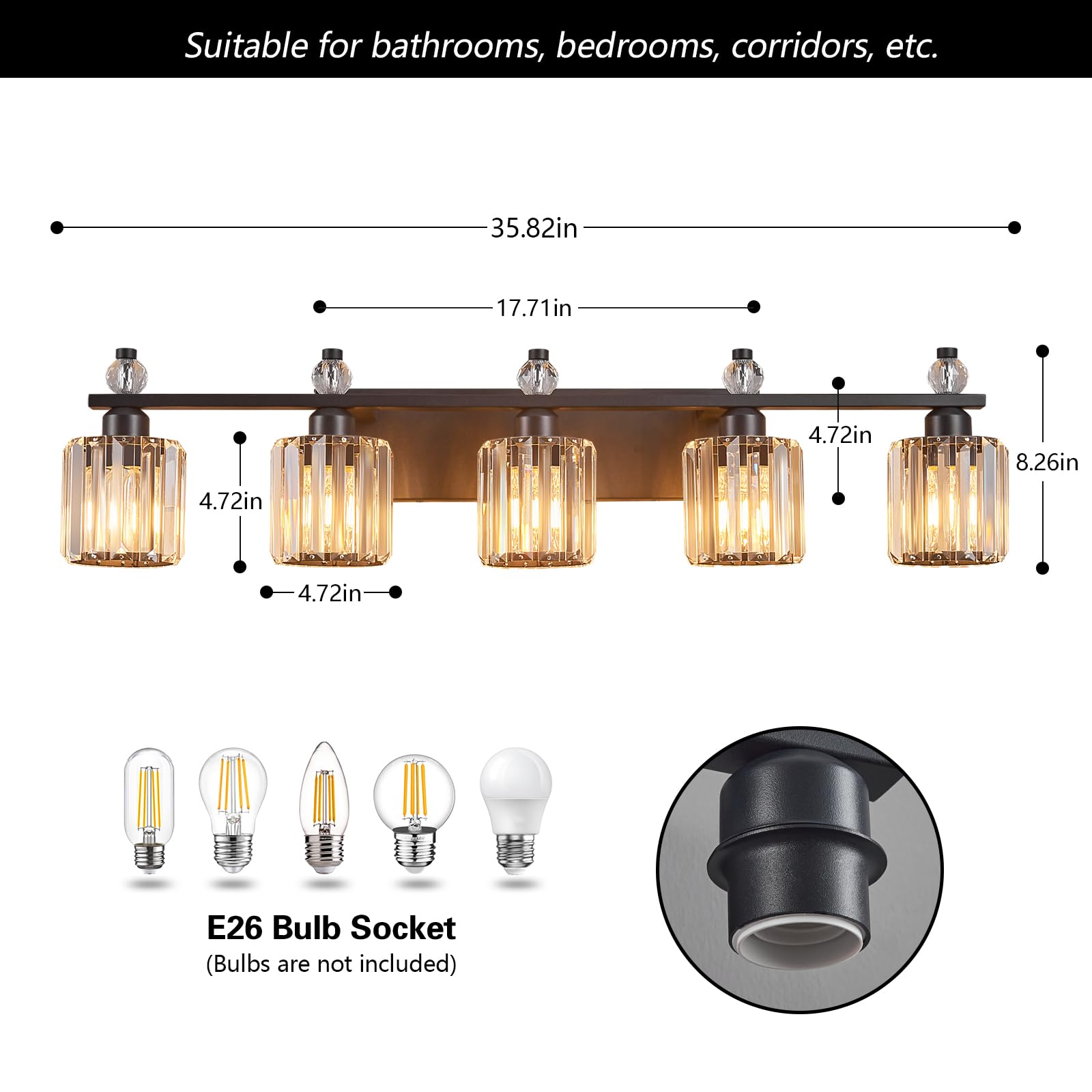FDPBY Bathroom Vanity Light Fixtures 5-Light Sand Black Modern Crystal Over Mirror Model 291 Metal