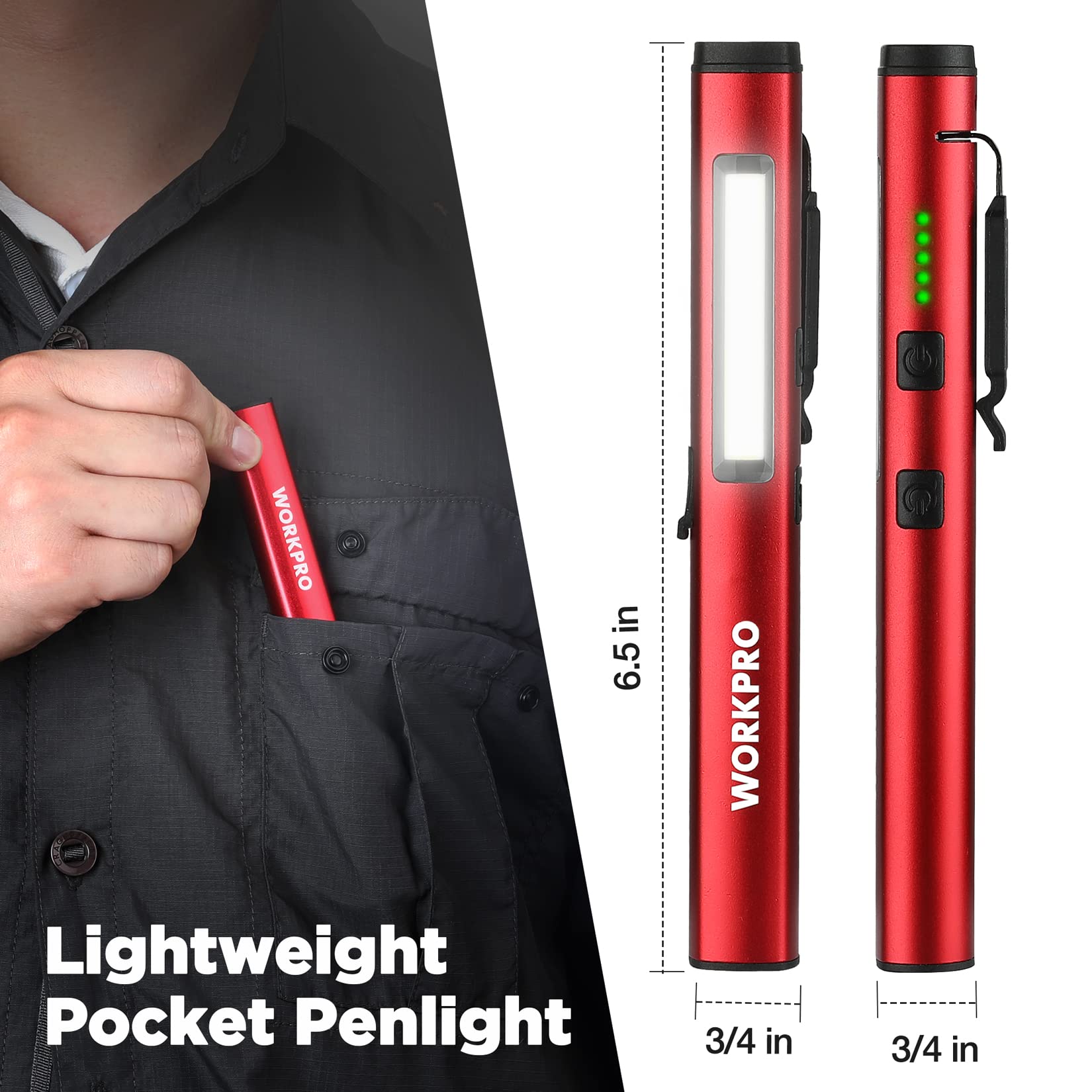 WORKPRO 450 Lumen Rechargeable Pen Light with 365nm UV Black Light, Red Multifunctional Flashlight for Mechanic Emergency & Outdoor Use