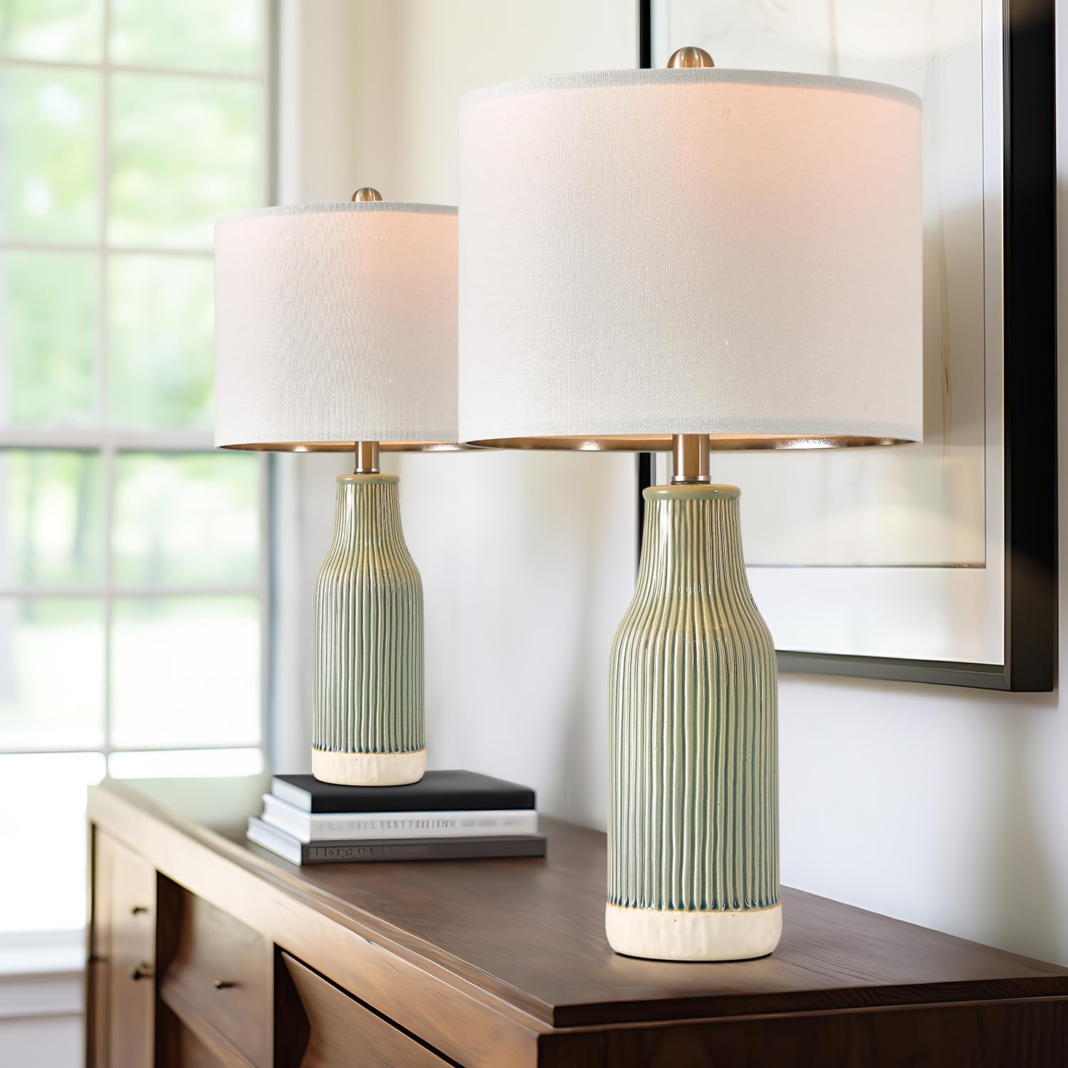 USumkky Modern Green Ceramic Table Lamp Set of 2, 23.75" for Living Room and Bedroom, Farmhouse Style, Model YM-AMZ-T1093LG