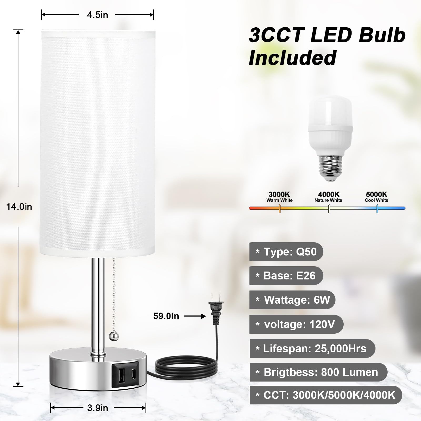 White Table Lamp For Bedroom Nightstand - Small Lamp With Usb A + C Charging Port, 3 Color Temperatures Pull Chain Night Stand L