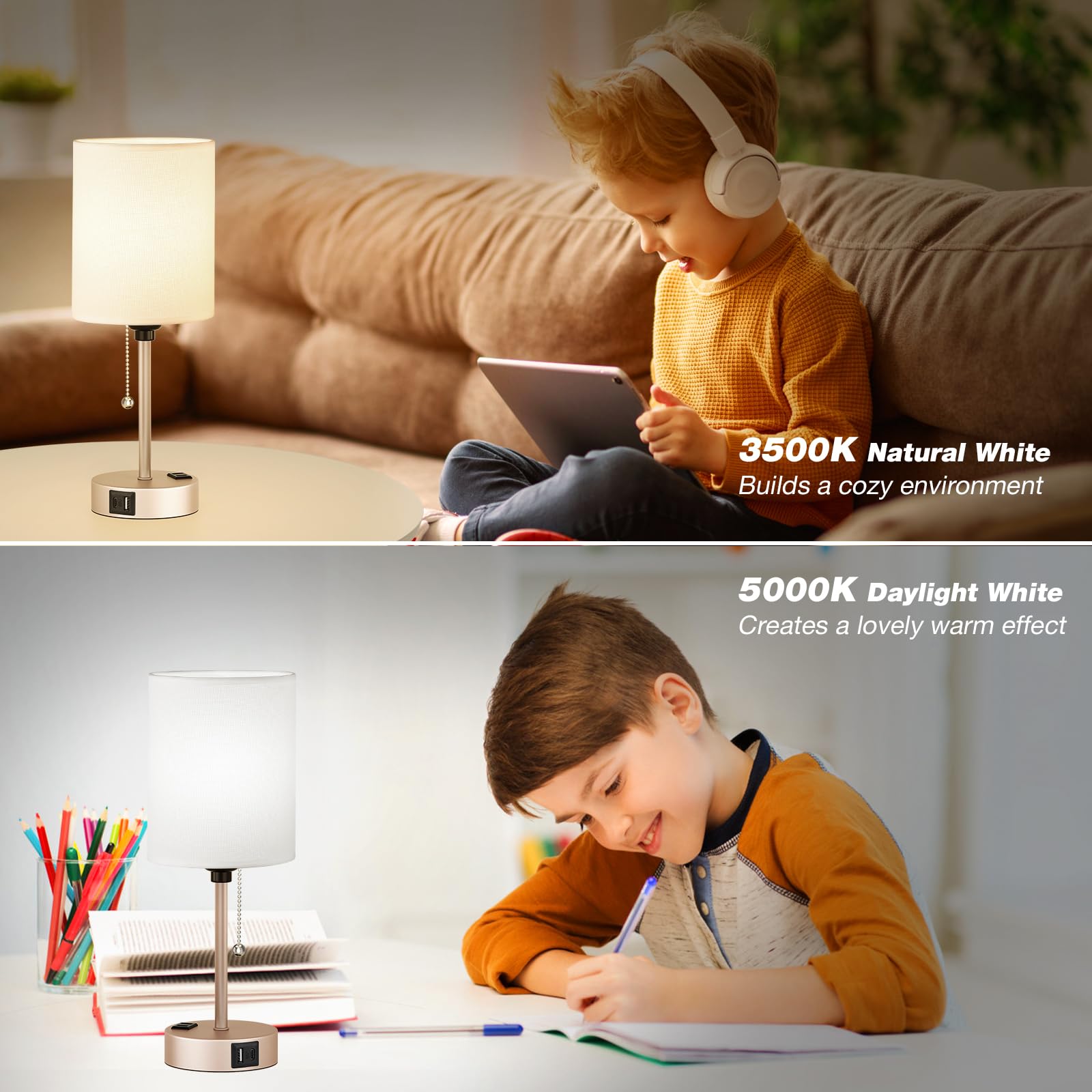 Dicoool Bedside Table Lamp - 3 Color Temperatures, USB C & A Ports, AC Outlet, 14.6in, White - Light Gold, Model 15-1