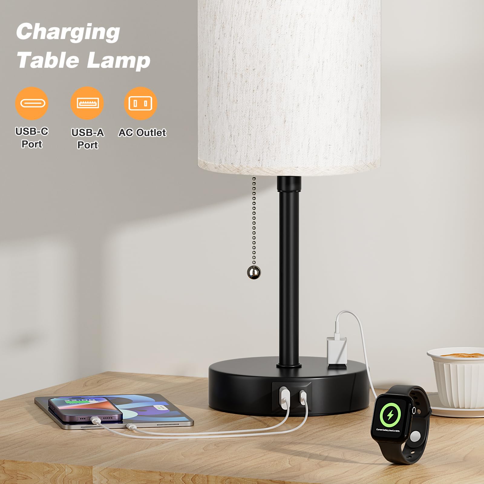 Partageiz Pull Chain Table Lamp For Bedroom - 3 Color Temperatures, Usb A + C Charging, Ac Outlet, 17.4 Inch Tall Bedside Lamp With E26 Led Bulb