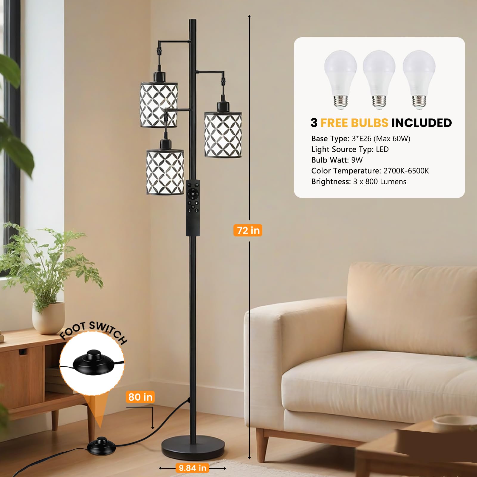 GHOOCEMLUX 72" Tall Dimmable Floor Lamp with Remote Control, Black Metal, Farmhouse Style, Industrial Design for Living Room & Office