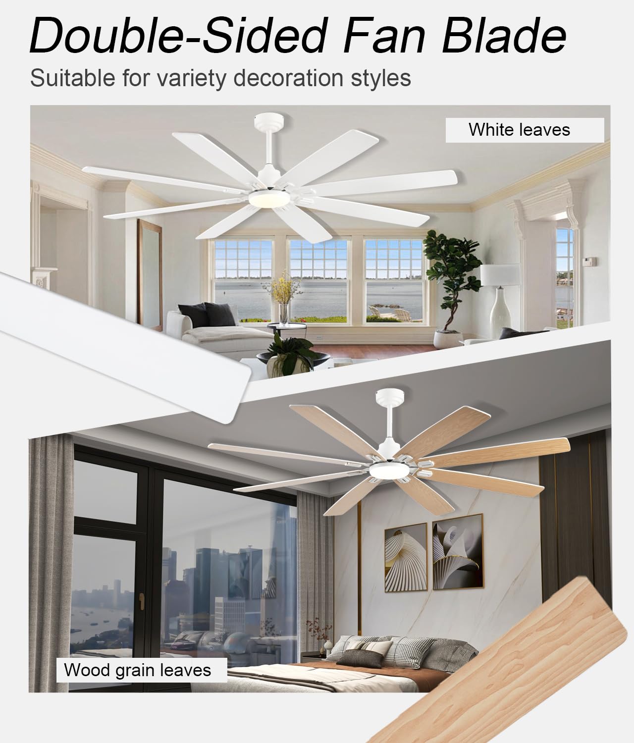 JSAITEE Ceiling Fan with Light and Remote/APP Control, 72 inch Large Low Profile Ceiling Fans for Living Room Patio, Quiet DC Re