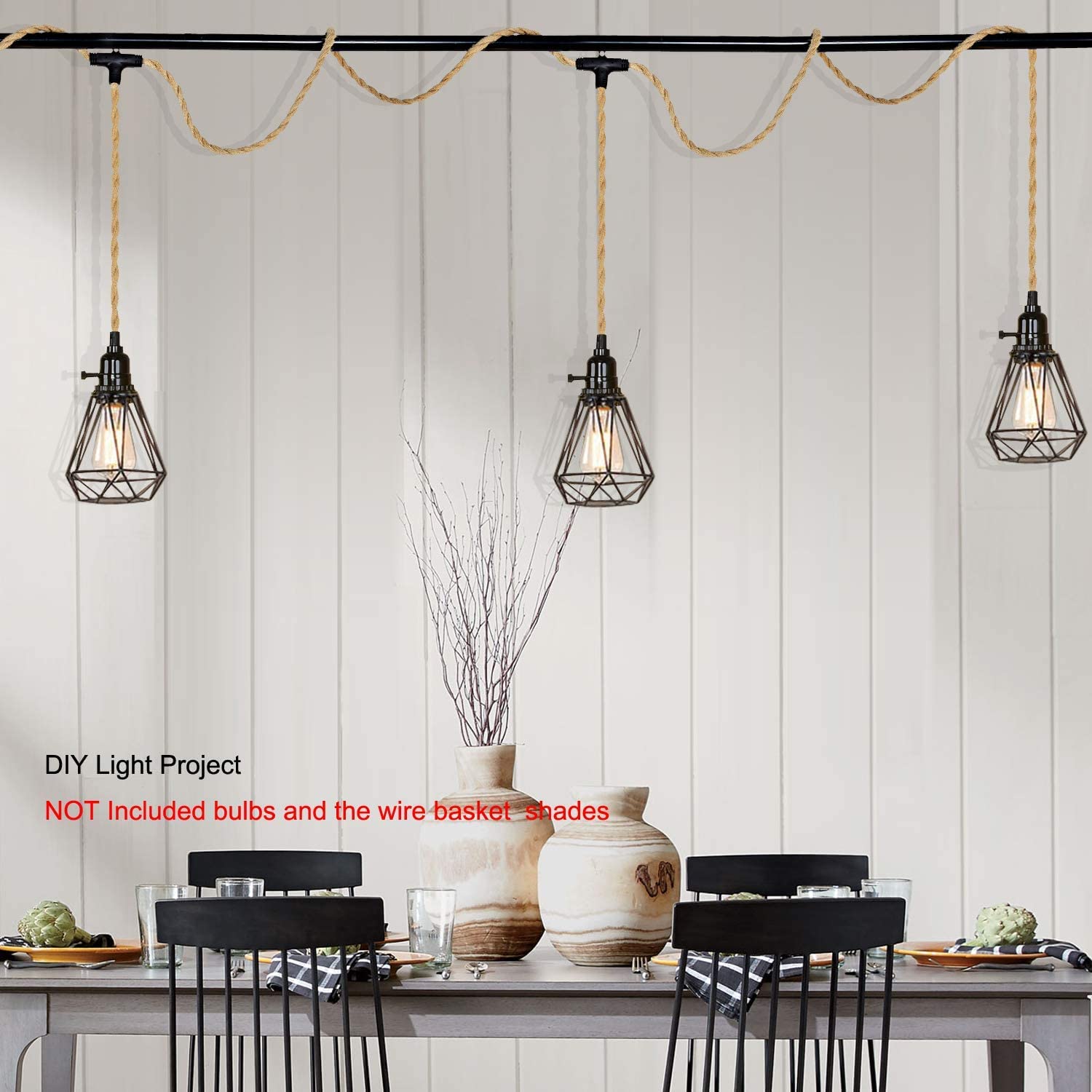 Alaislyc 3-Light Plug-In Pendant Light Kit With 22 Ft Hemp Rope - Farmhouse Hanging Lamp